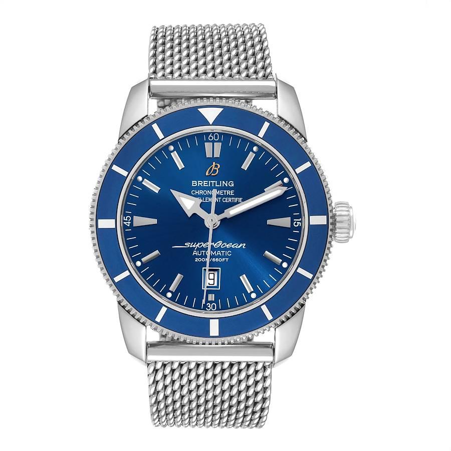 Breitling Superocean Heritage 46 Mesh Bracelet Mens Watch A17320. Automatic self-winding movement. Stainless steel case 46 mm in diameter. Stainless steel screwed-down crown. Blue unidirectional revolving bezel. Scratch resistant sapphire crystal.