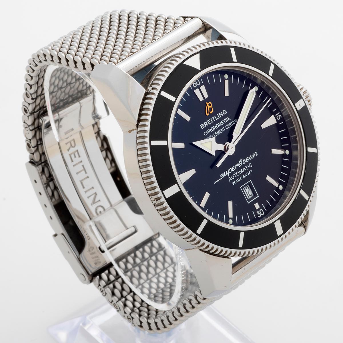 Our Breitling Superocean Heritage 46 reference A17320 features a 46mm stainless steel case with black dial and rotating bezel as well as the favoured mesh stainless steel bracelet. An iconic and robust sports watch, this example is presented in