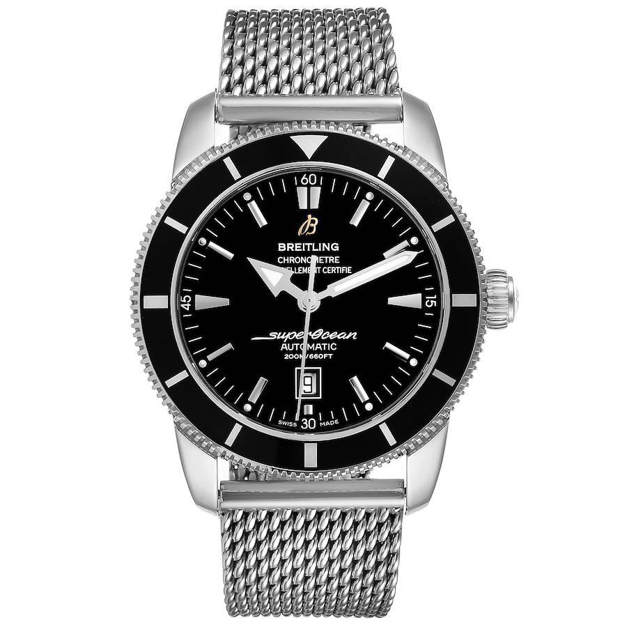 Breitling Superocean Heritage 46mm Black Dial Steel Watch A17320 Box Papers. Automatic self-winding movement. Stainless steel case 46.0 mm in diameter. Stainless steel screwed-down crown. Black unidirectional revolving bezel. Scratch resistant