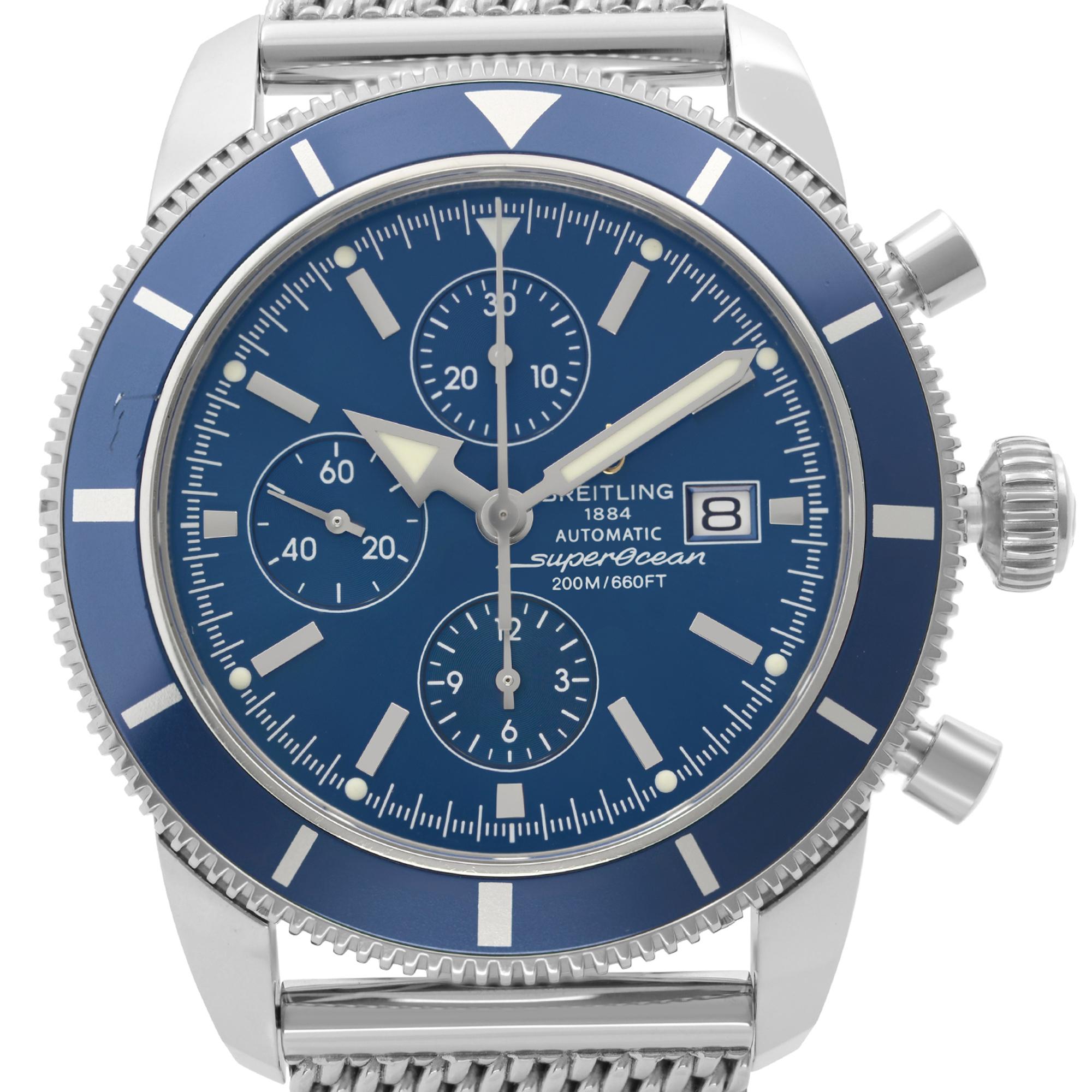 Pre-owned Condition Breitling Superocean Heritage 46mm Steel Blue Dial Men's Watch A13320. The bezel insert have a minor scratch between 9-10 O'Clock as visible in pictures. No Original Box and Papers are Included. Comes with Chronostore