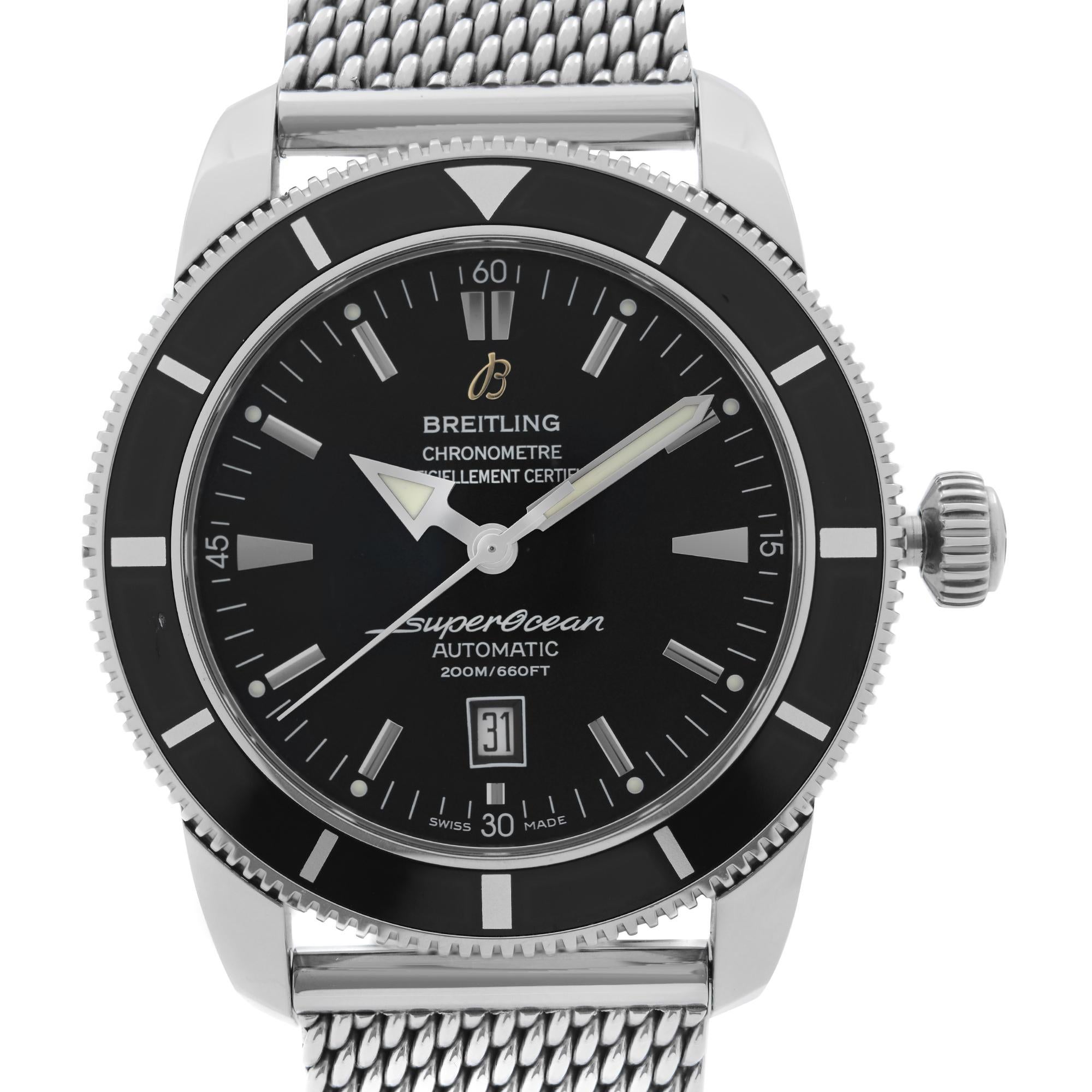 Pre Owned Breitling Superocean Heritage 46mm Stainless Steel Black Dial Automatic Mens Watch A17320. This Watch Shows Deep Scratch on the Bezel insert between 8 and 9 indices and a tiny unnoticeable blemish on the Bezel insert between 1 and 2