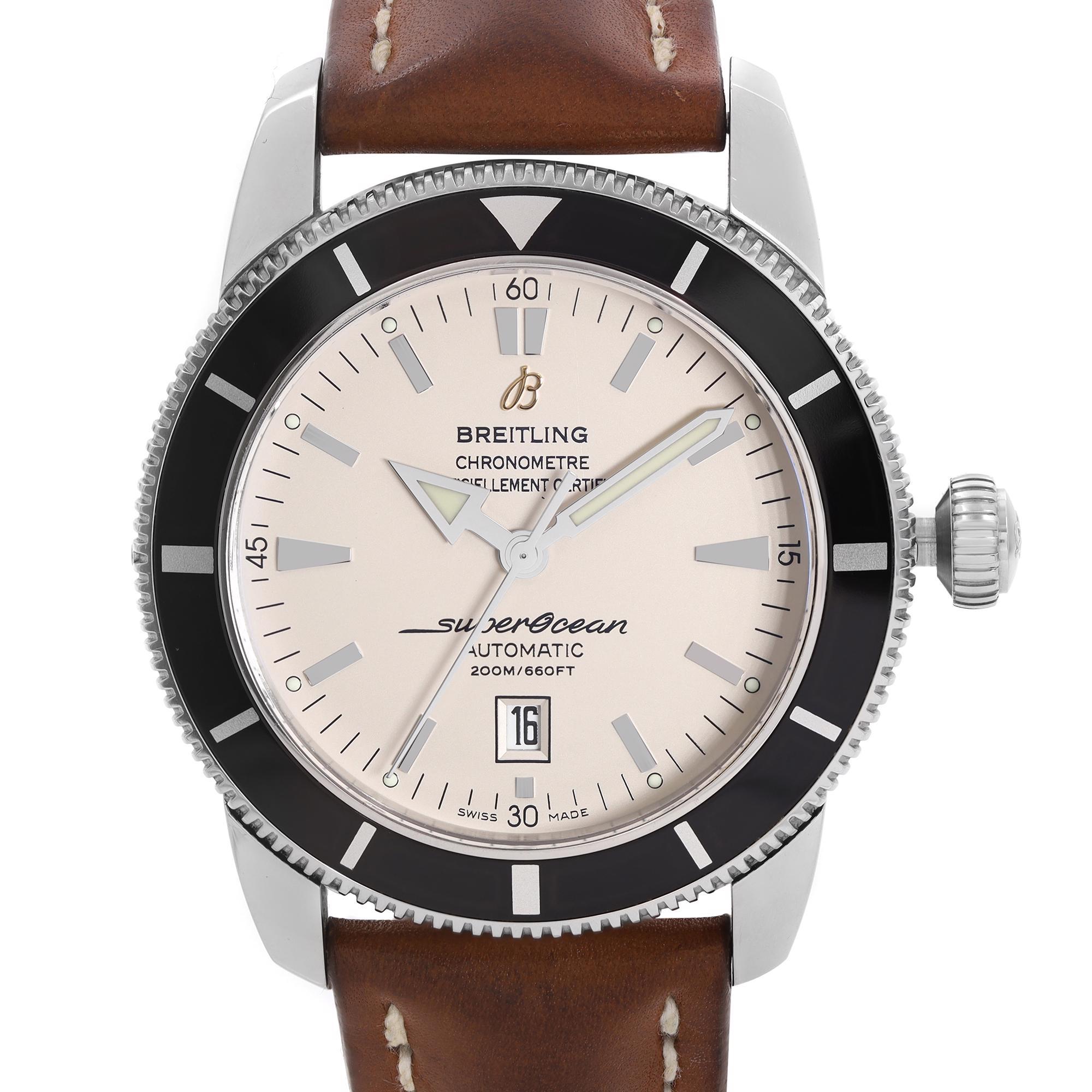 Pre-owned Breitling Superocean Heritage 46mm Silver Dial Black Bezel Men's Automatic Watch A1732024. Wear Signs on the Brown Leather Strap. This Beautiful Timepiece is Powered by a Mechanical (Automatic) Movement and Features: a Stainless Steel Case