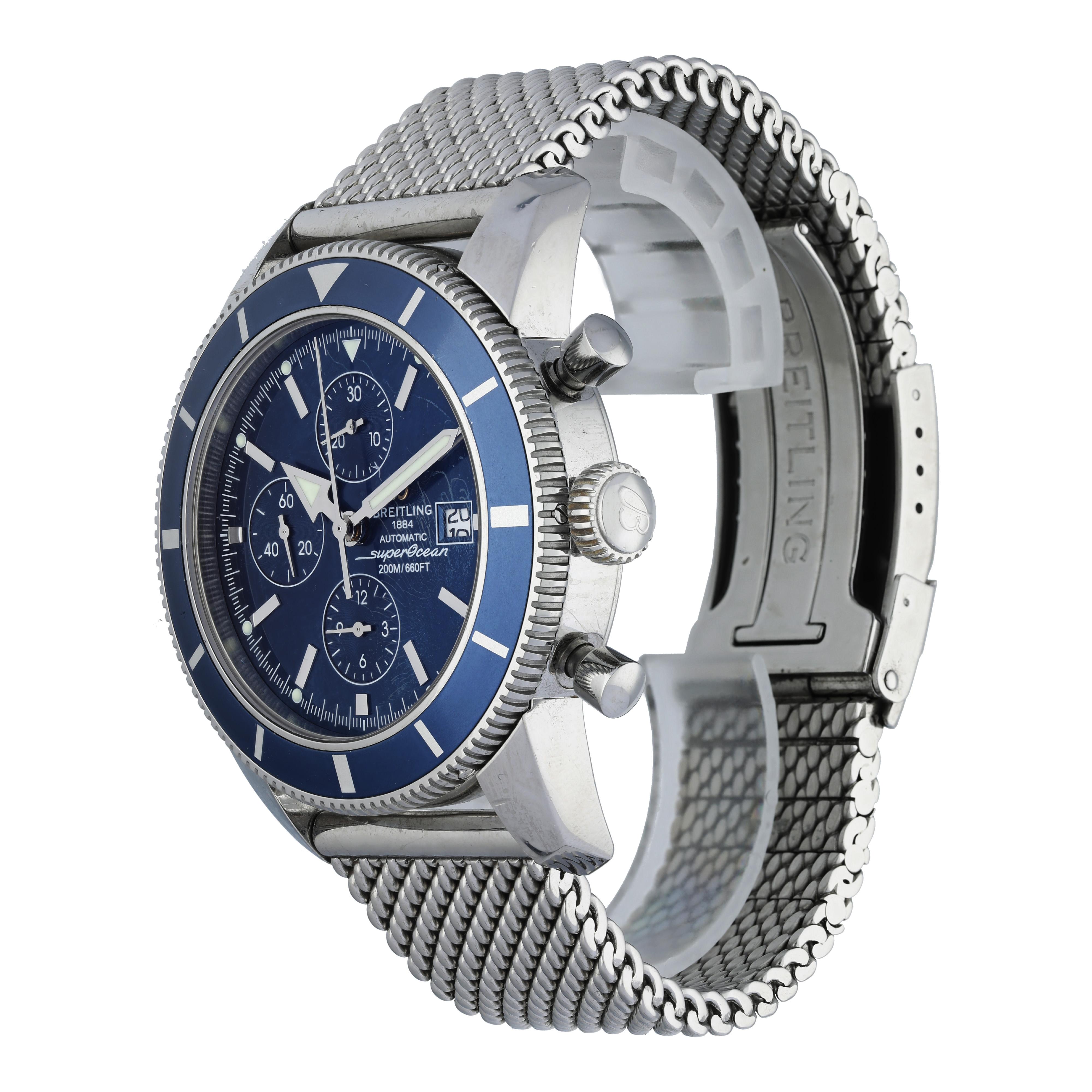Breitling Superocean Heritage Chronograph A13320 Men's Watch. 
46mm Stainless Steel case. 
stainless steel Unidirectional rotating bezel. 
Blue dial with Luminous Steel hands and index, dot hour markers.
Minute markers on the outer dial. 
Date