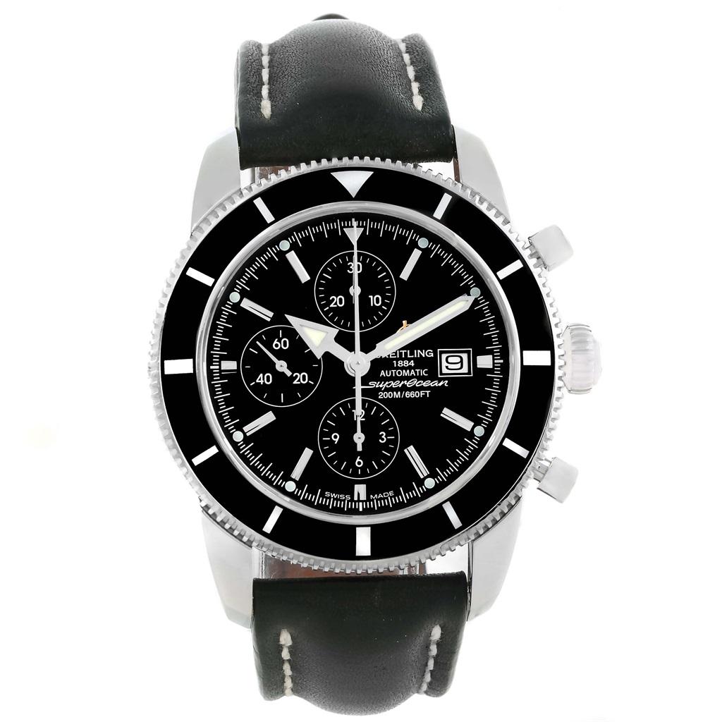 Breitling SuperOcean Heritage Chrono 46 Black Dial Mens Watch A13320. Automatic self-winding movement. Stainless steel case 46.0 mm in diameter. Stainless steel screwed-down crown. Lapidated lugs. Black unidirectional revolving bezel. Scratch