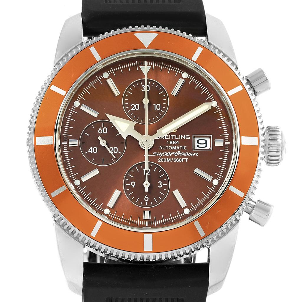 Breitling SuperOcean Heritage Chrono 46 Bronze Dial Mens Watch A13320. Automatic self-winding movement. Stainless steel case 46.0 mm in diameter. Stainless steel screwed-down crown. Lapidated lugs. Bronze brown unidirectional revolving bezel.