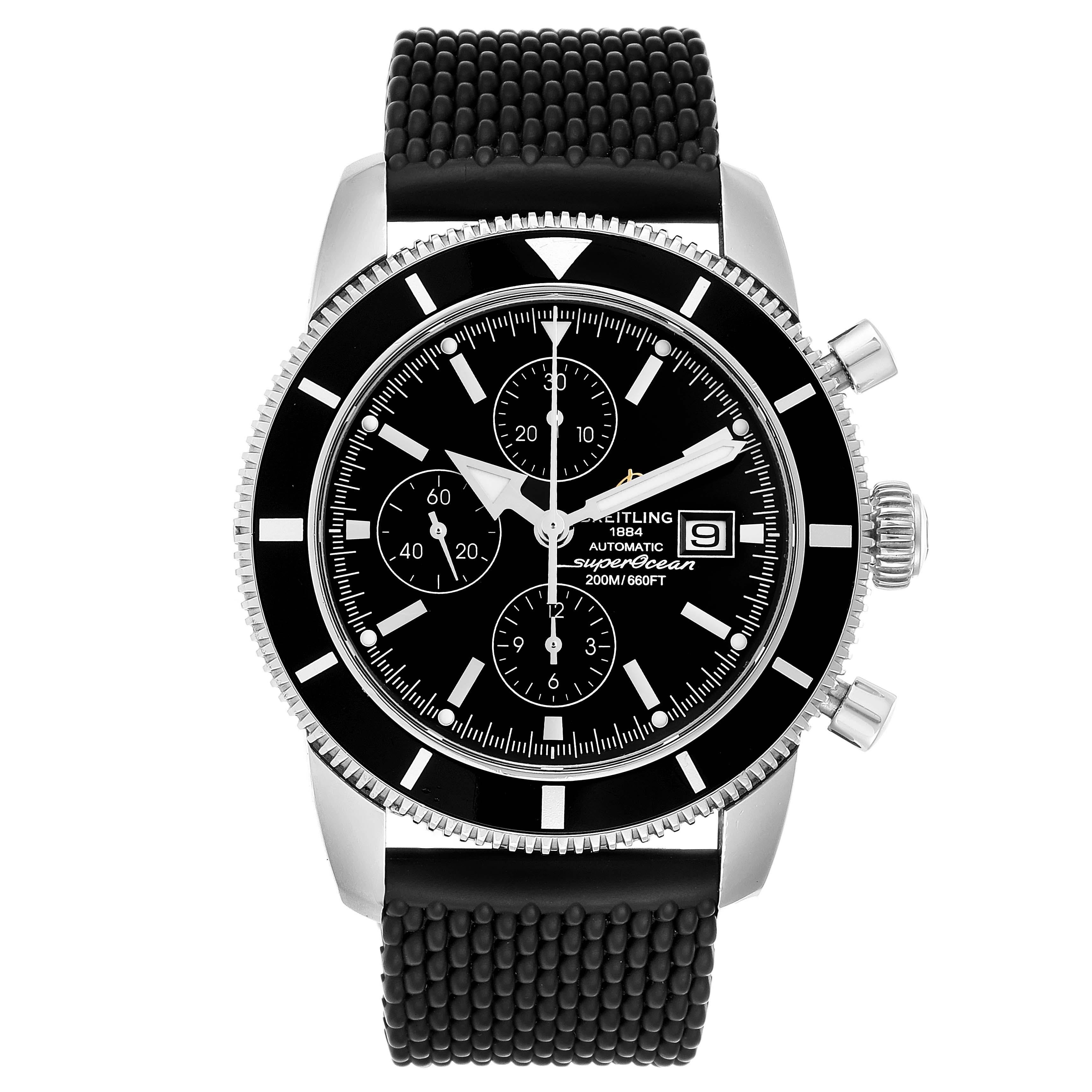 Breitling SuperOcean Heritage Chrono 46 Mens Watch A13320 Box Papers. Authomatic self-winding movement. Stainless steel case 46.0 mm in diameter. Stainless steel screwed-down crown. Lapidated lugs. Black unidirectional revolving bezel. Scratch