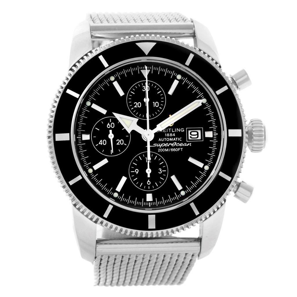 Breitling SuperOcean Heritage Chrono 46 Mens Watch A13320 Box Papers. Authomatic self-winding movement. Stainless steel case 46 mm in diameter. Stainless steel screwed-down crown. Lapidated lugs. Black unidirectional revolving bezel. Scratch