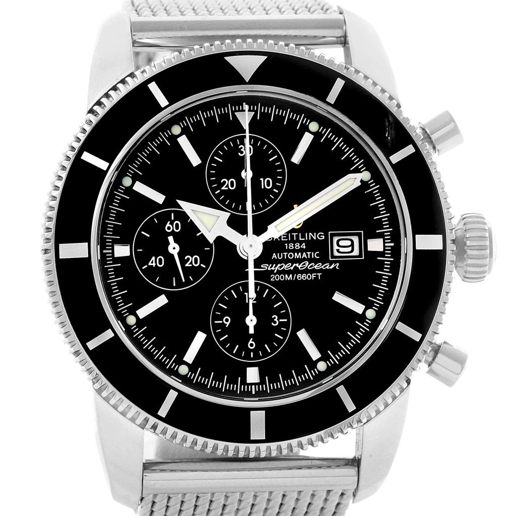Breitling SuperOcean Heritage Chrono 46 Mens Watch A13320 Box Papers. Authomatic self-winding movement. Stainless steel case 46 mm in diameter. Stainless steel screwed-down crown. Lapidated lugs. Black unidirectional revolving bezel. Scratch