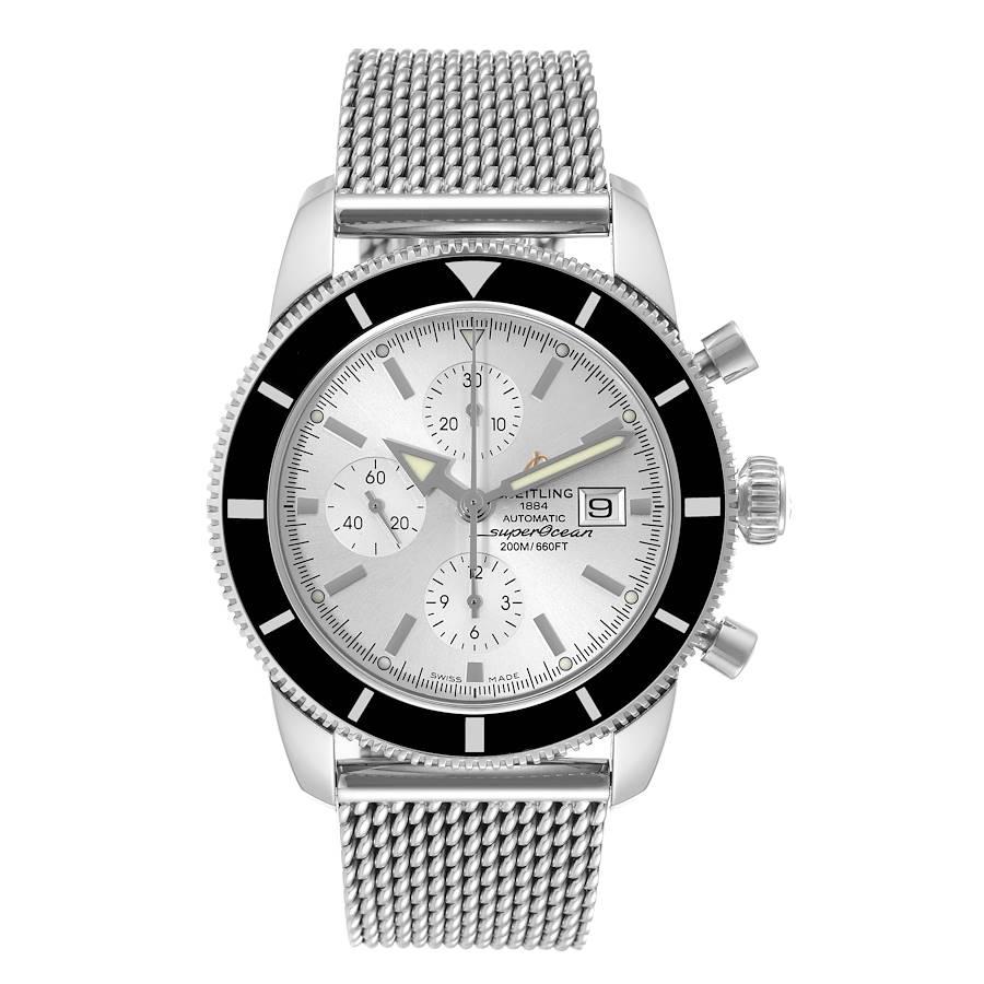 Breitling SuperOcean Heritage Chrono 46 Mesh Bracelet Watch A13320 Box Card. Automatic self-winding movement. Stainless steel case 46.0 mm in diameter. Stainless steel screwed-down crown. Lapidated lugs. Black unidirectional revolving bezel. Scratch