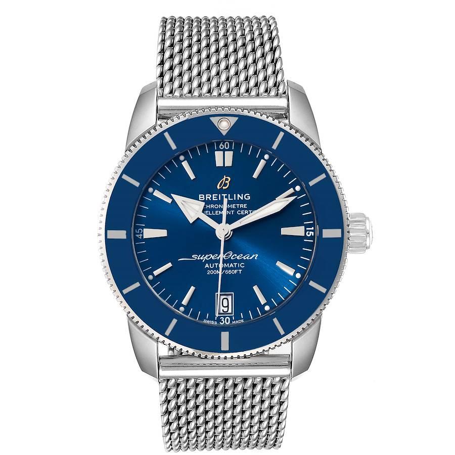 Breitling Superocean Heritage II 42 Blue Dial Steel Watch AB2010 Box Card. Automatic self-winding B20 movement. Stainless steel case 42.0 mm in diameter. Stainless steel screwed-down crown. Blue ceramic unidirectional revolving bezel. Scratch