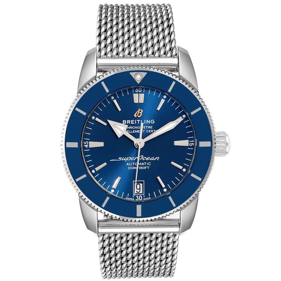 Breitling Superocean Heritage II 42 Blue Dial Steel Watch AB2010 Box Papers. Automatic self-winding B20 movement. Stainless steel case 42.0 mm in diameter. Stainless steel screwed-down crown. Blue ceramic unidirectional revolving bezel. Scratch