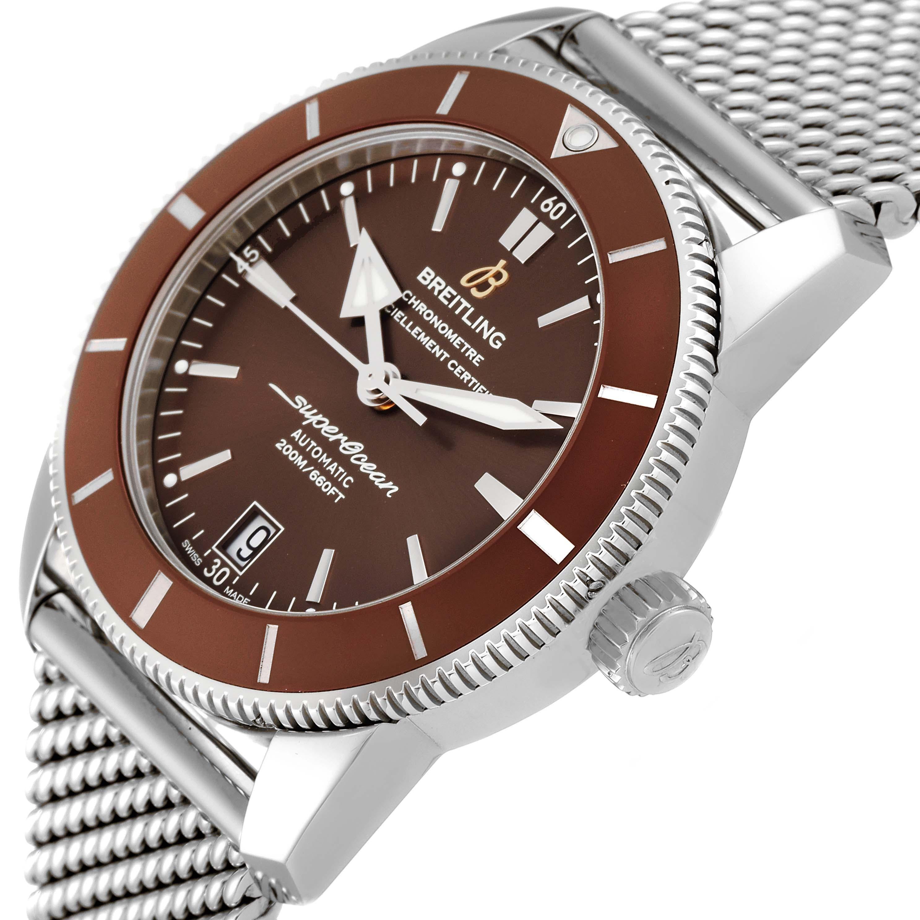 Breitling Superocean Heritage II 42 Brown Dial Steel Mens Watch AB2010 Box Card. Automatic self-winding B20 movement. Stainless steel case 42.0 mm in diameter. Stainless steel screwed-down crown. Brown ceramic unidirectional revolving bezel. Scratch