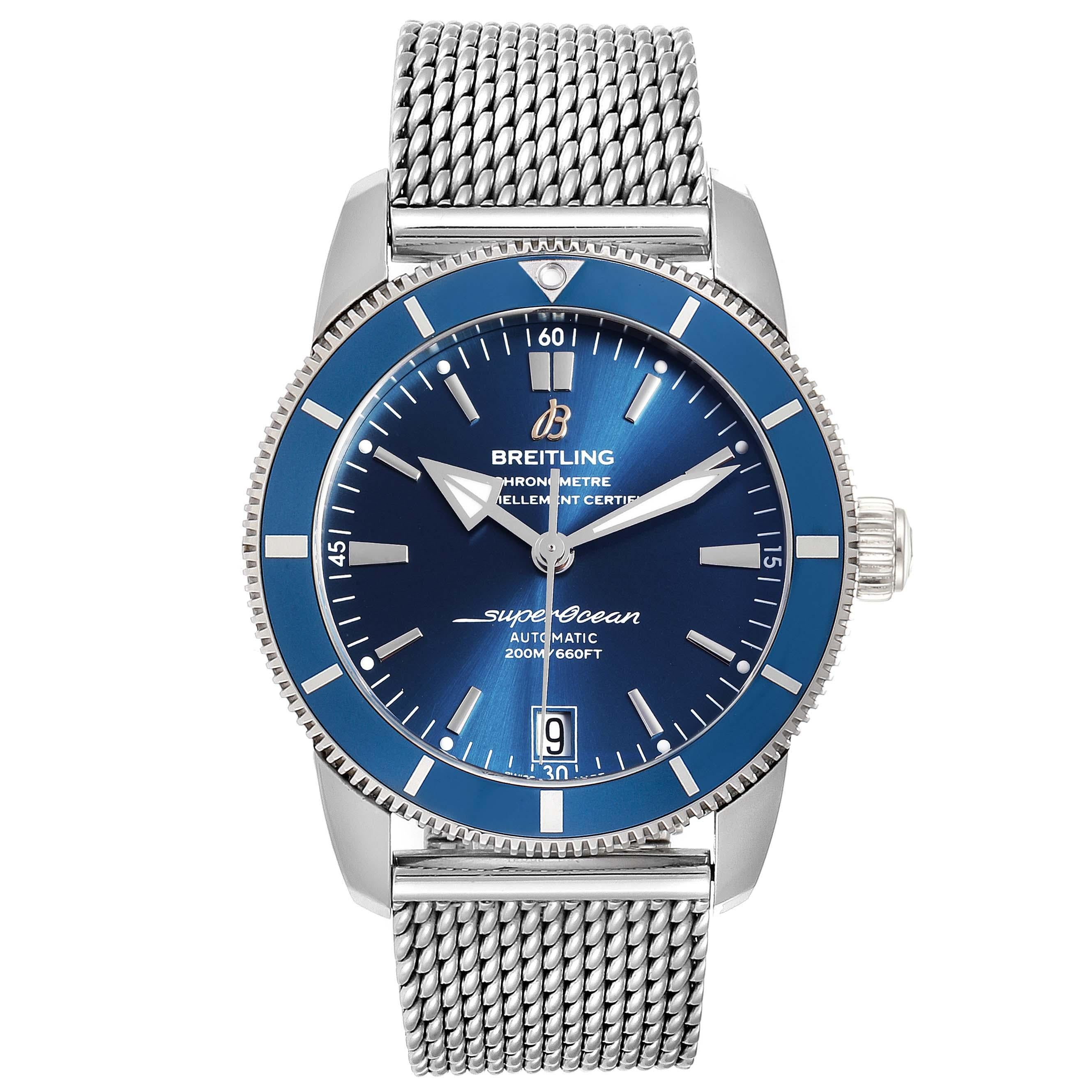 Breitling Superocean Heritage II 42 Steel Mens Watch AB2010 Box Papers. Automatic self-winding B20 movement. Stainless steel case 42.0 mm in diameter. Stainless steel screwed-down crown. Blue ceramic unidirectional revolving bezel. Scratch resistant