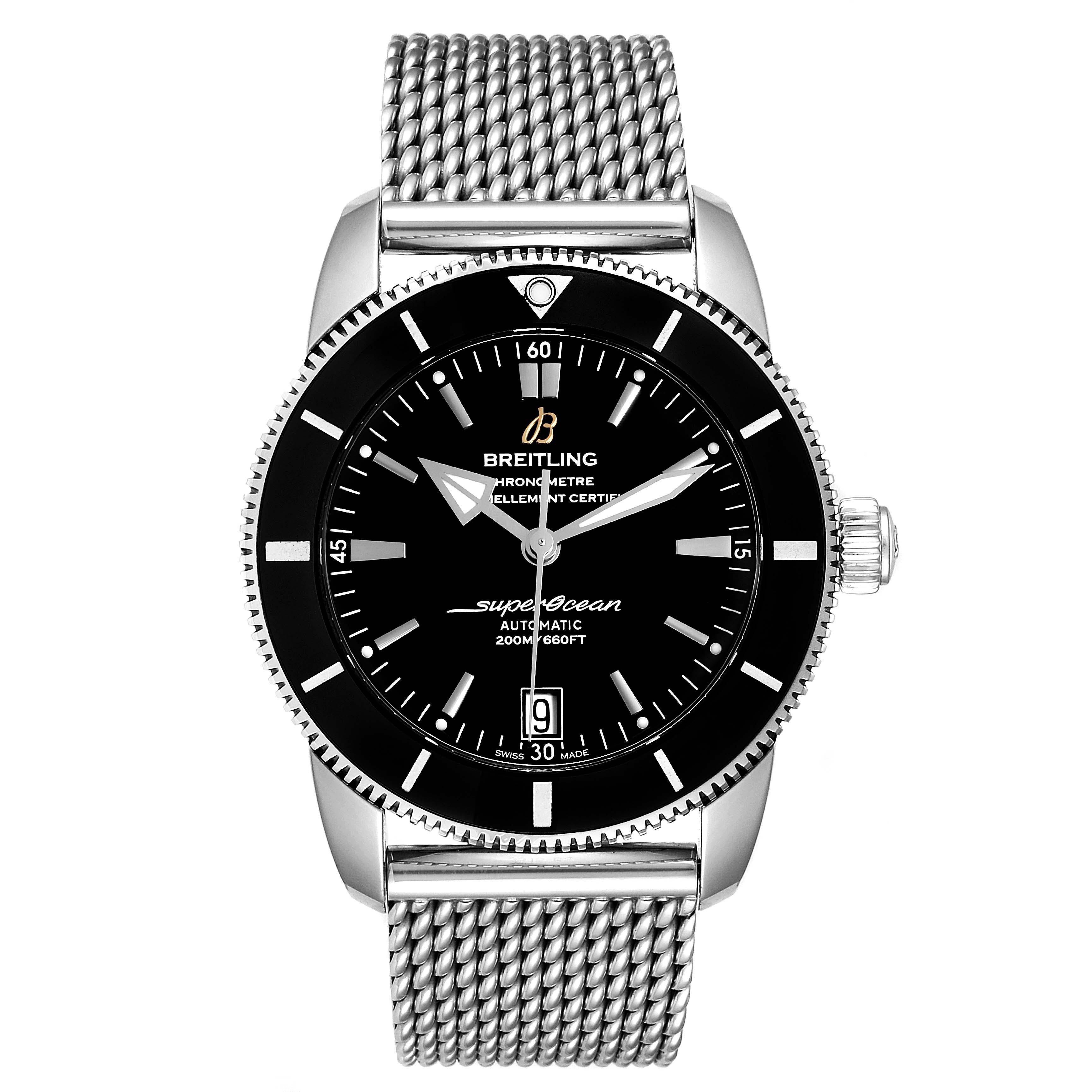 Breitling Superocean Heritage II 42 Steel Mens Watch AB2010 Box Papers. Automatic self-winding B20 movement. Stainless steel case 42.0 mm in diameter. Stainless steel screwed-down crown. Black ceramic unidirectional revolving bezel. Scratch