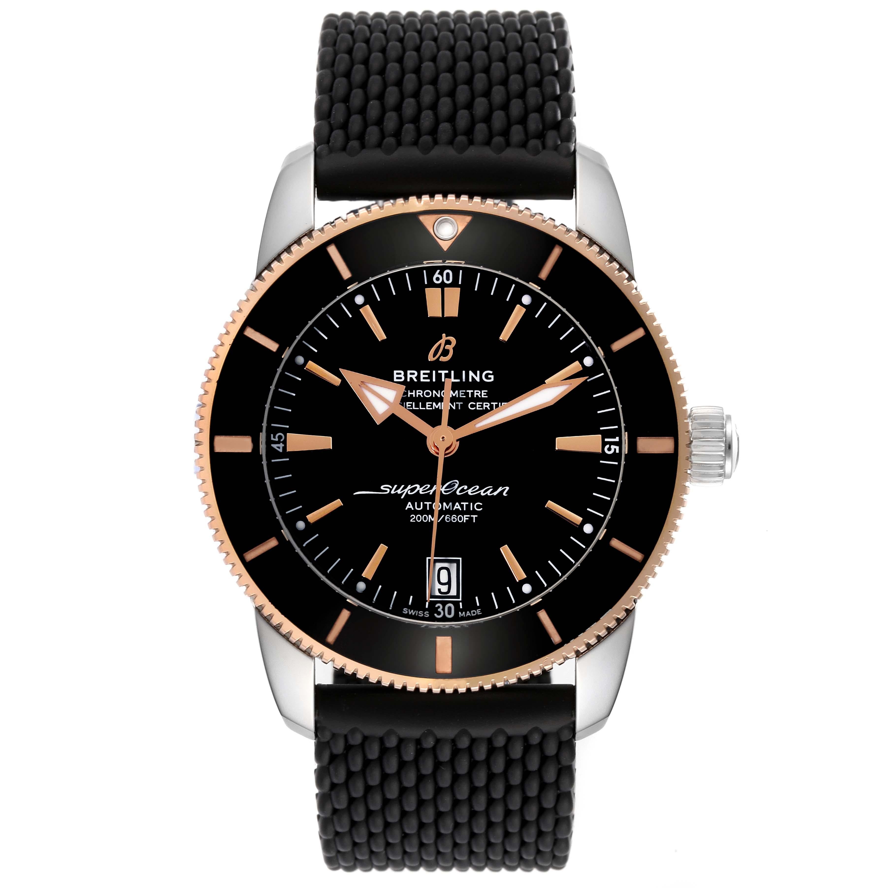 Breitling Superocean Heritage II 42 Steel Rose Gold Mens Watch UB2010 Box Card. Automatic self-winding B20 movement. Stainless steel case 42.0 mm in diameter. Stainless steel screwed-down crown. Solid 18k rose gold bezel with black ceramic bezel