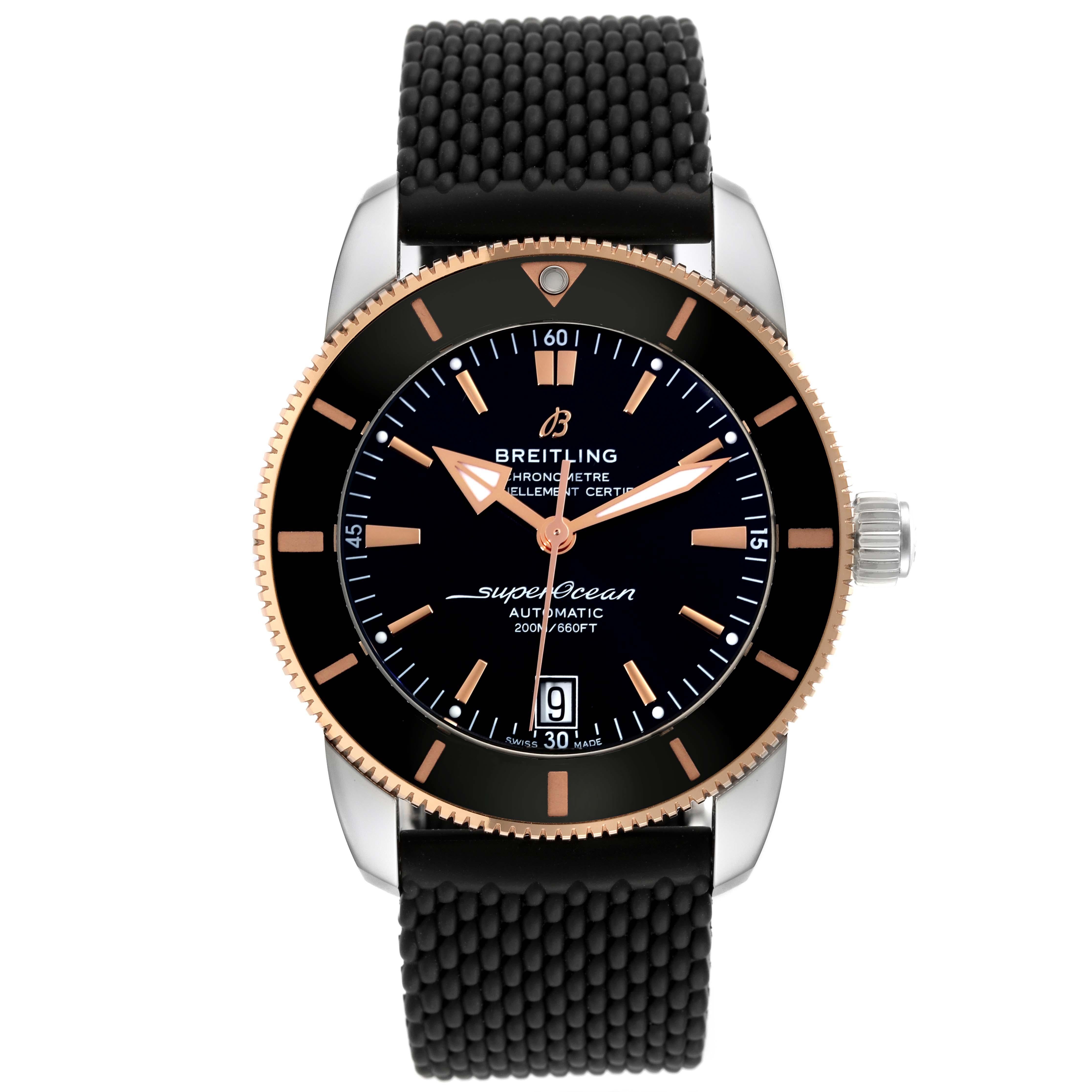 Breitling Superocean Heritage II 42 Steel Rose Gold Mens Watch UB2010 Card. Automatic self-winding B20 movement. Stainless steel case 42.0 mm in diameter. Stainless steel screwed-down crown. Solid 18k rose gold bezel with black ceramic bezel insert.