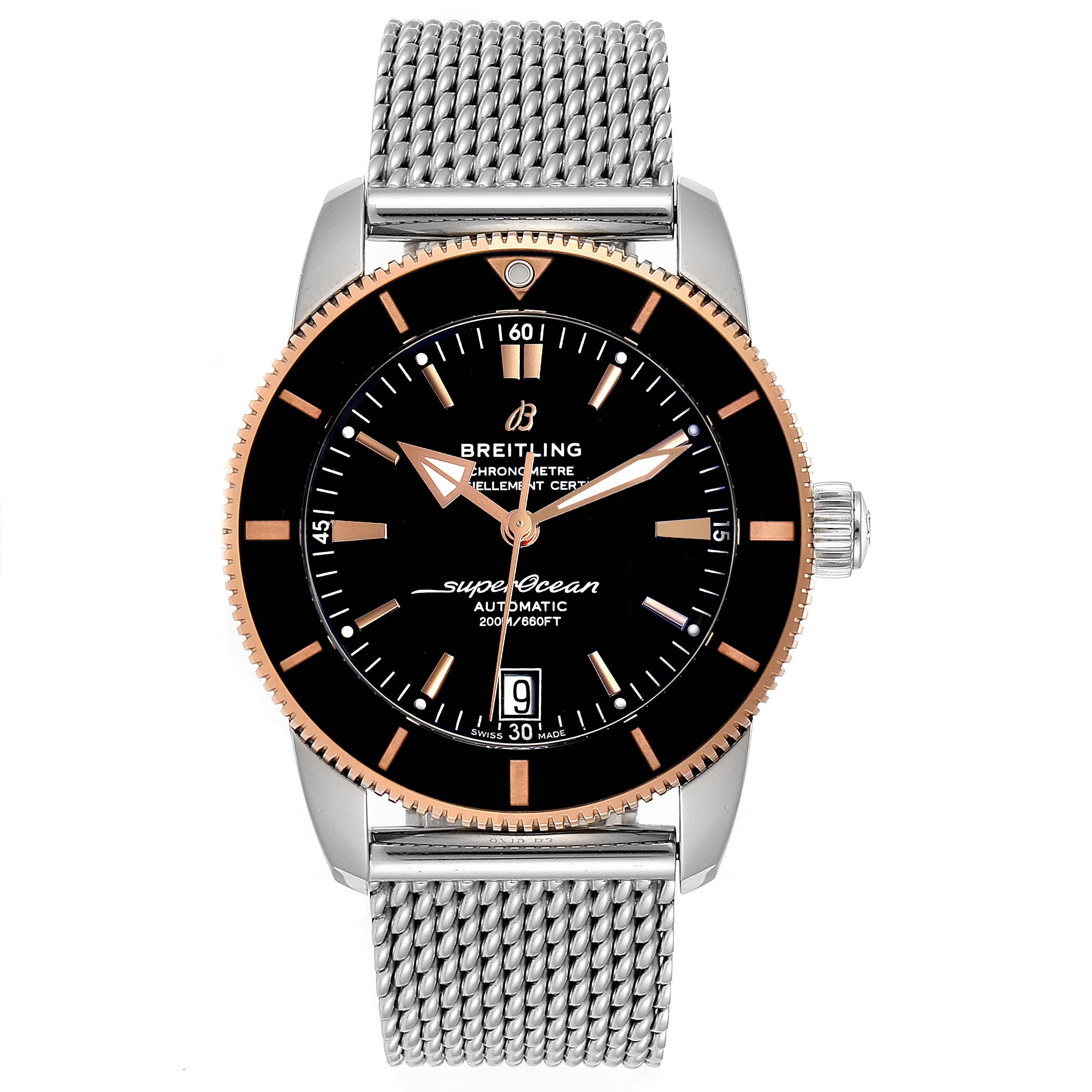 Breitling Superocean Heritage II 42 Steel Rose Gold Watch UB2010 Box Papers. Automatic self-winding B20 movement. Stainless steel case 42.0 mm in diameter. Stainless steel screwed-down crown. Solid 18k Rose gold bezel with black ceramic bezel