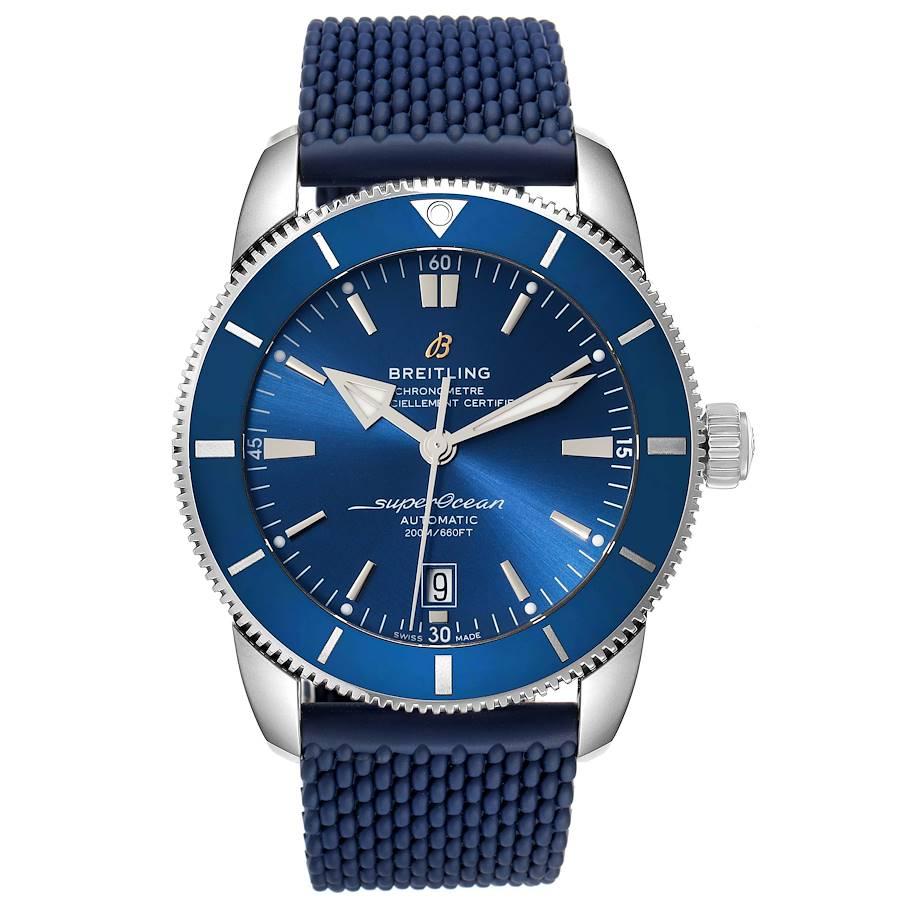 Breitling Superocean Heritage II 46 Blue Dial Mens Watch AB2020 Box Card. Automatic self-winding movement. Stainless steel case 46 mm in diameter. Stainless steel screwed-down crown. Blue unidirectional revolving bezel. Scratch resistant sapphire