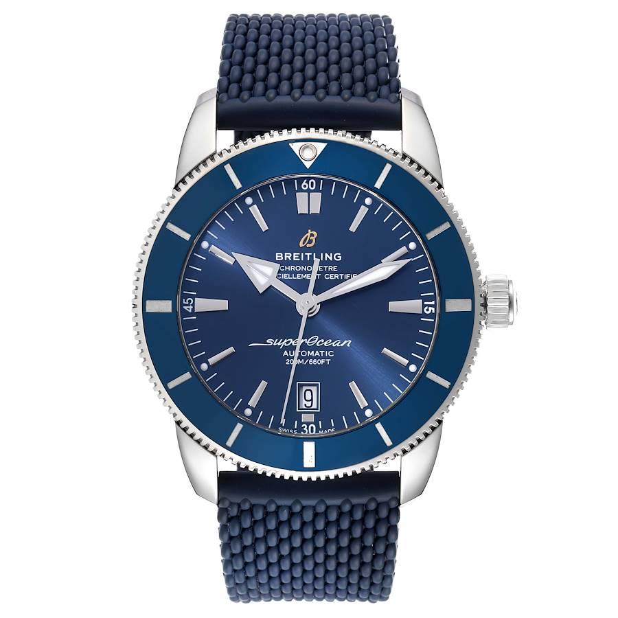 Breitling Superocean Heritage II 46 Blue Dial Mens Watch AB2020 Box Card. Automatic self-winding movement. Stainless steel case 46 mm in diameter. Stainless steel screwed-down crown. Blue unidirectional revolving bezel. Scratch resistant sapphire