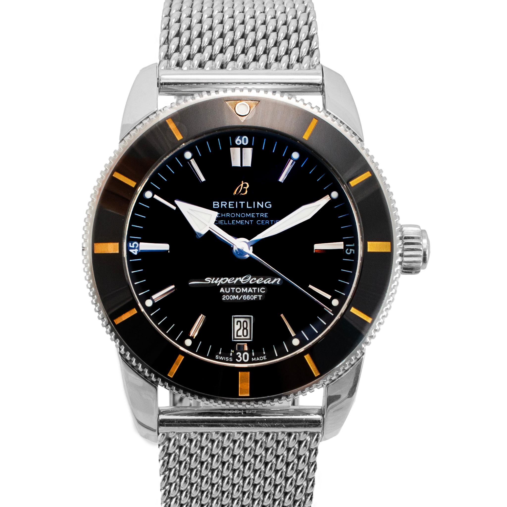 Marque : Breitling

Genre : Hommes

Type de métal : Acier inoxydable

Diamètre : 46,00 mm

Poids : 1189,94 grammes

Montre-bracelet BREITLING en acier inoxydable de fabrication suisse pour homme, avec carte de garantie. La marque (ou poinçon)