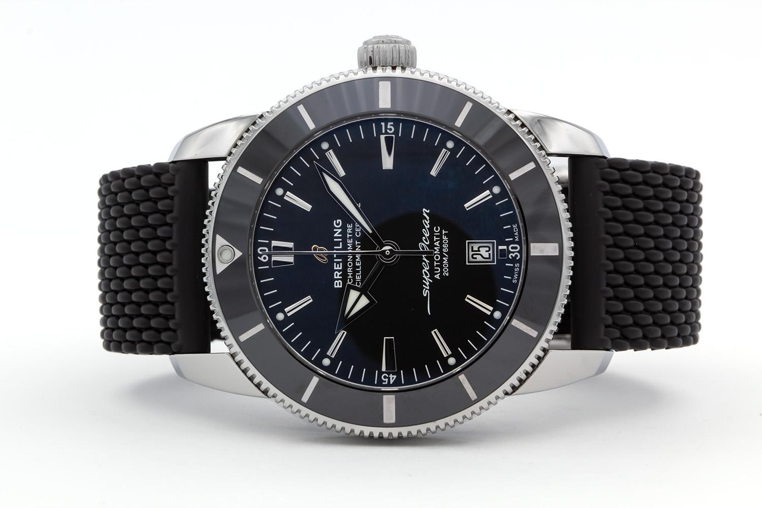 We are pleased to offer this 2019 Breitling SuperOcean Heritage II B20 AB2020. This is the second generation Superocean Heritage which features the Breitling B20 automatic movement with power reserve, 46mm stainless steel case, black ceramic