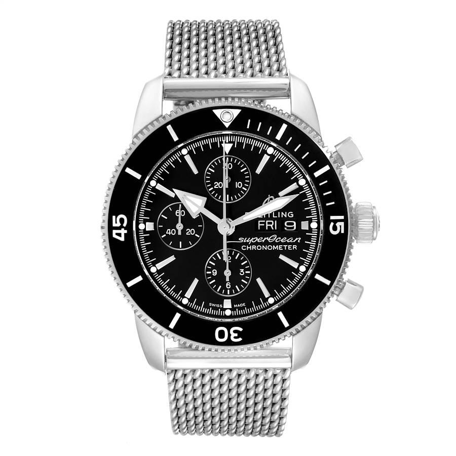 Breitling SuperOcean Heritage II Chrono Black Dial Mens Watch A13313 Box Papers. Automatic self-winding movement. Stainless steel case 44.0 mm in diameter. Stainless steel screwed-down crown. Lapidated lugs. Black unidirectional revolving bezel.