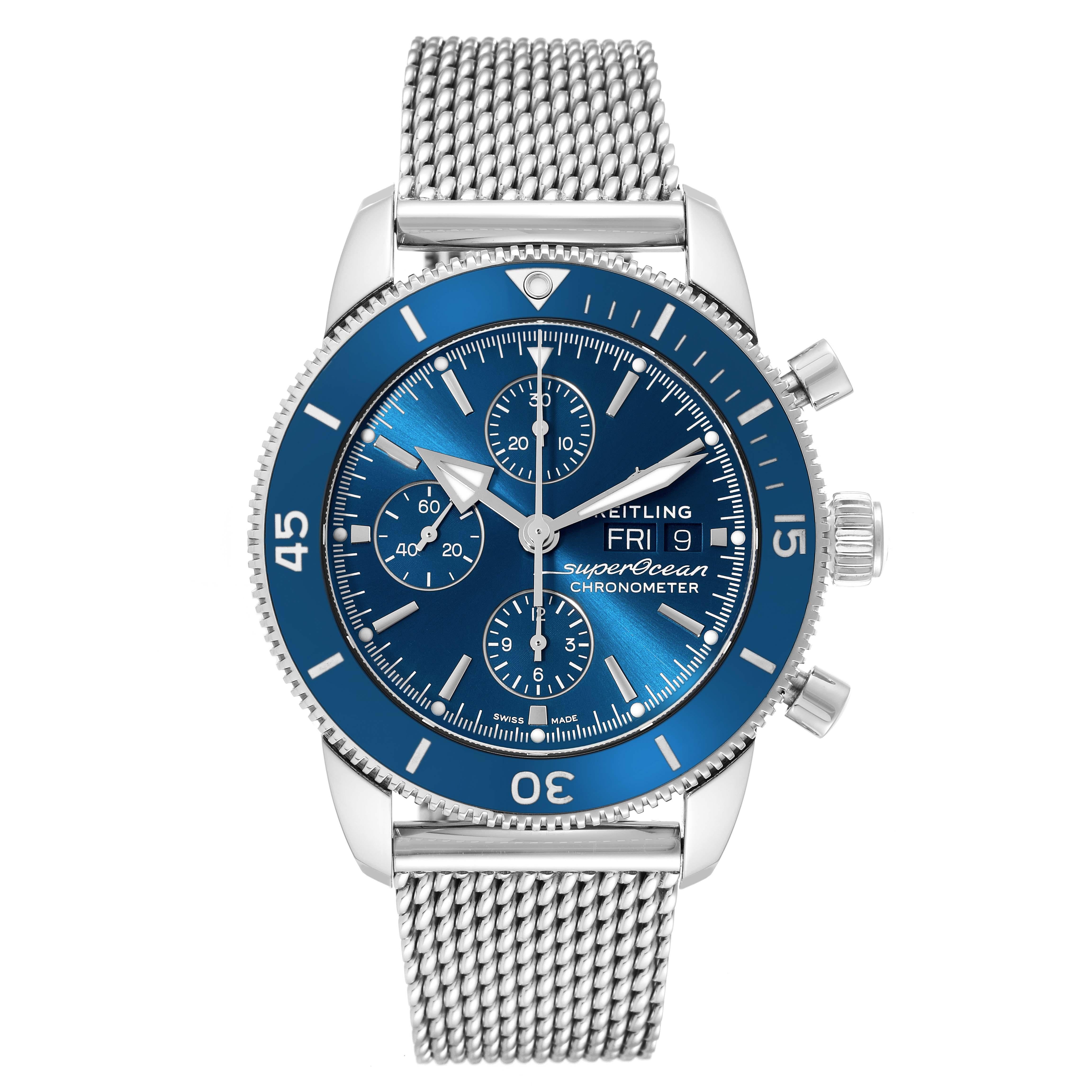 Breitling SuperOcean Heritage II Chrono Blue Dial Mens Watch A13313 Box Card. Automatic self-winding movement. Stainless steel case 44.0 mm in diameter. Stainless steel screwed-down crown. Blue unidirectional rotating bezel. Scratch resistant