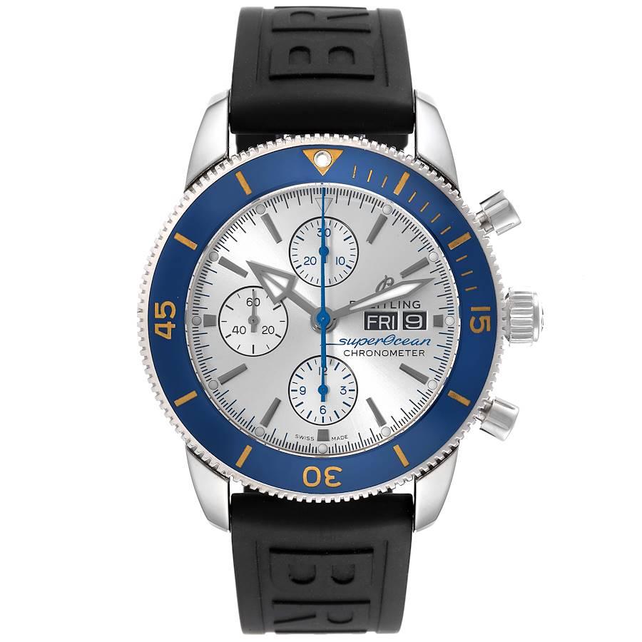 Breitling SuperOcean Heritage II Chrono Silver Dial Mens Watch A13313 Box Card. Automatic self-winding movement. Stainless steel case 44.0 mm in diameter. Stainless steel screwed-down crown. Blue unidirectional rotating bezel. Scratch resistant