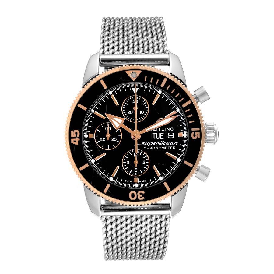 Breitling Superocean Heritage II Steel Rose Gold Chronograph Mens Watch U13313. Automatic self-winding chronograph movement. Stainless steel case 44.0 mm in diameter. 18K rose gold and black ceramic revolving bezel. Scratch resistant sapphire