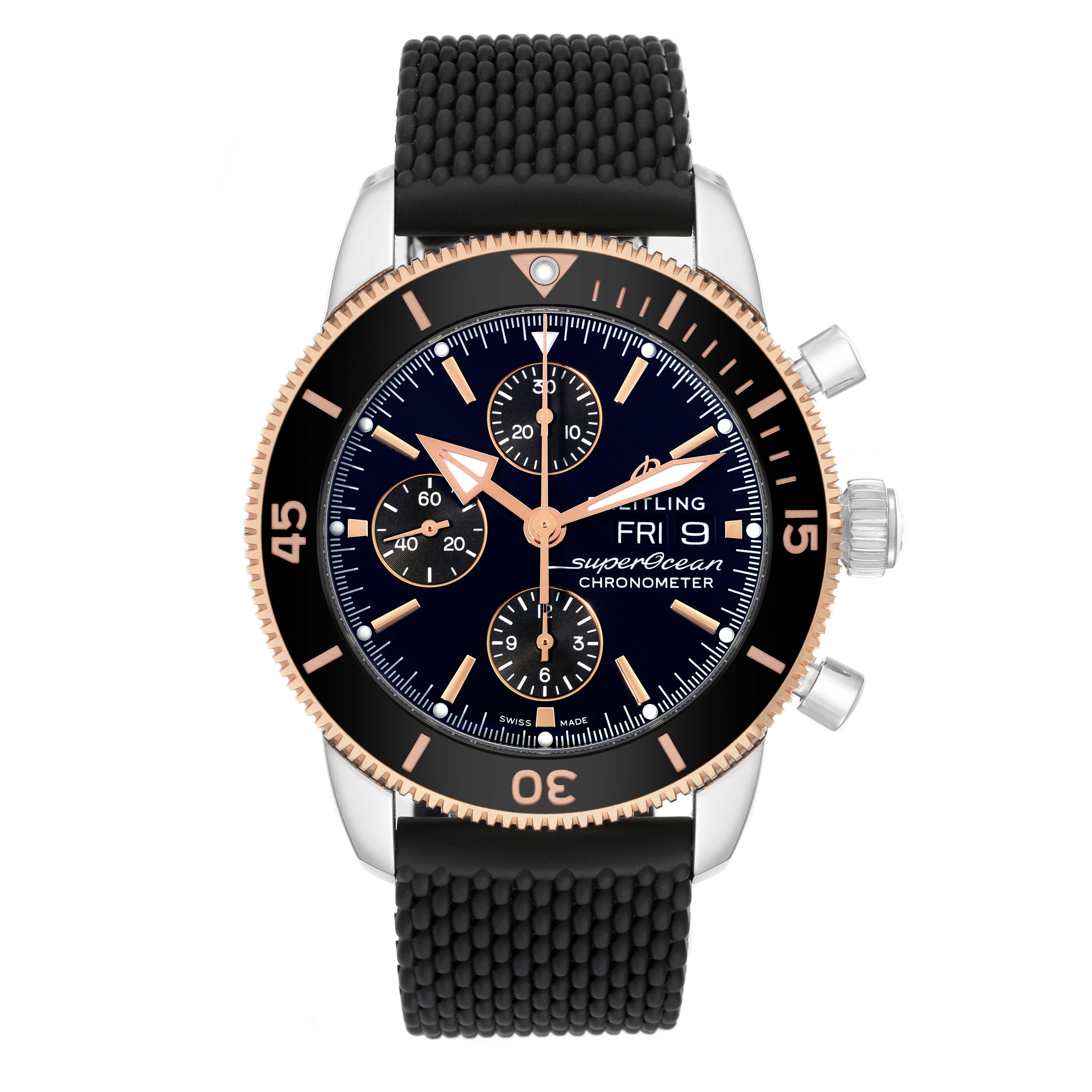 Breitling Superocean Heritage II Steel Rose Gold Mens Watch U13313 Box Card. Automatic self-winding chronograph movement. Stainless steel case 44.0 mm in diameter. 18K rose gold and black ceramic unidirectional revolving bezel. Scratch resistant