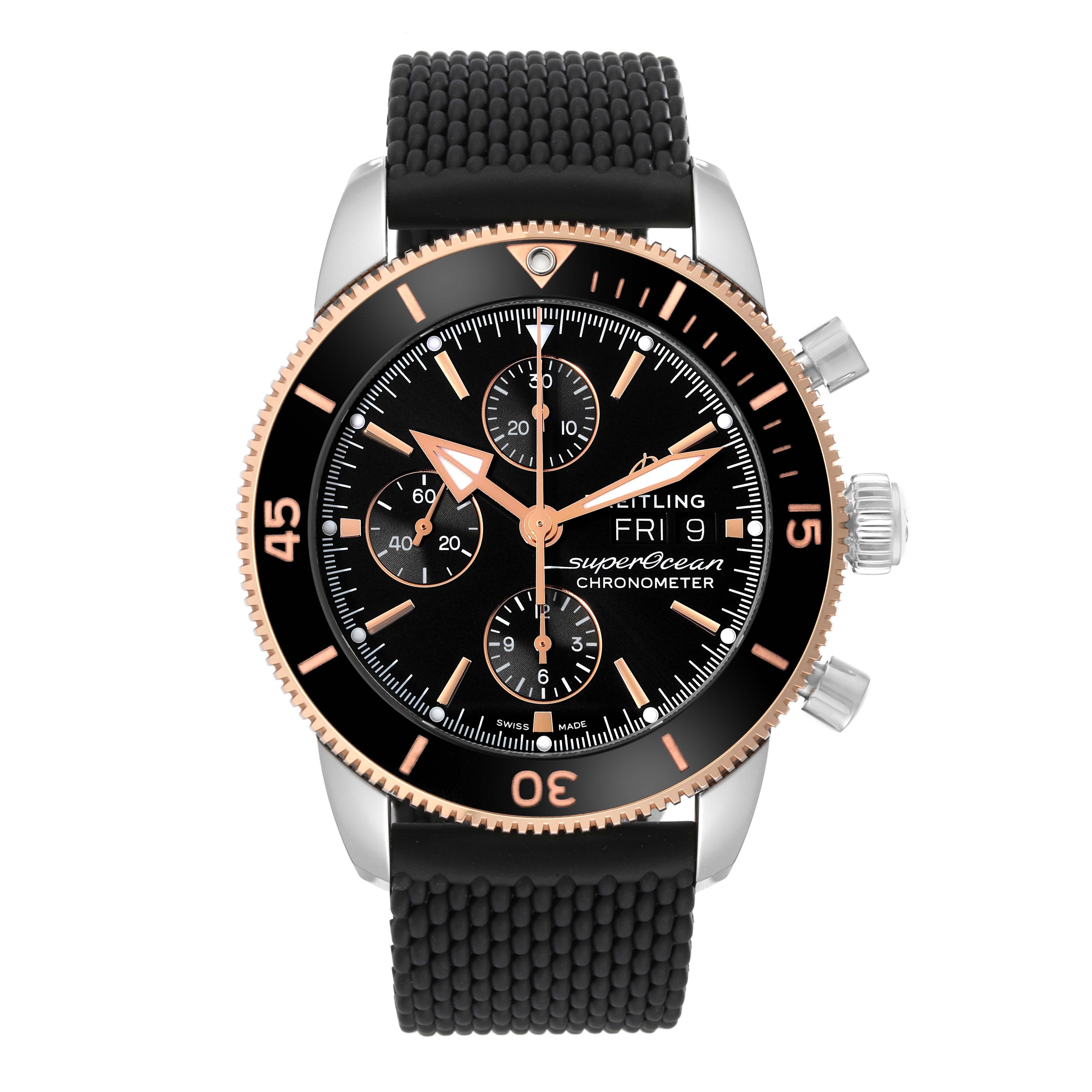 Breitling Superocean Heritage II Steel Rose Gold Mens Watch U13313. Automatic self-winding chronograph movement. Stainless steel case 44.0 mm in diameter. 18K rose gold and black ceramic unidirectional revolving bezel. Scratch resistant sapphire