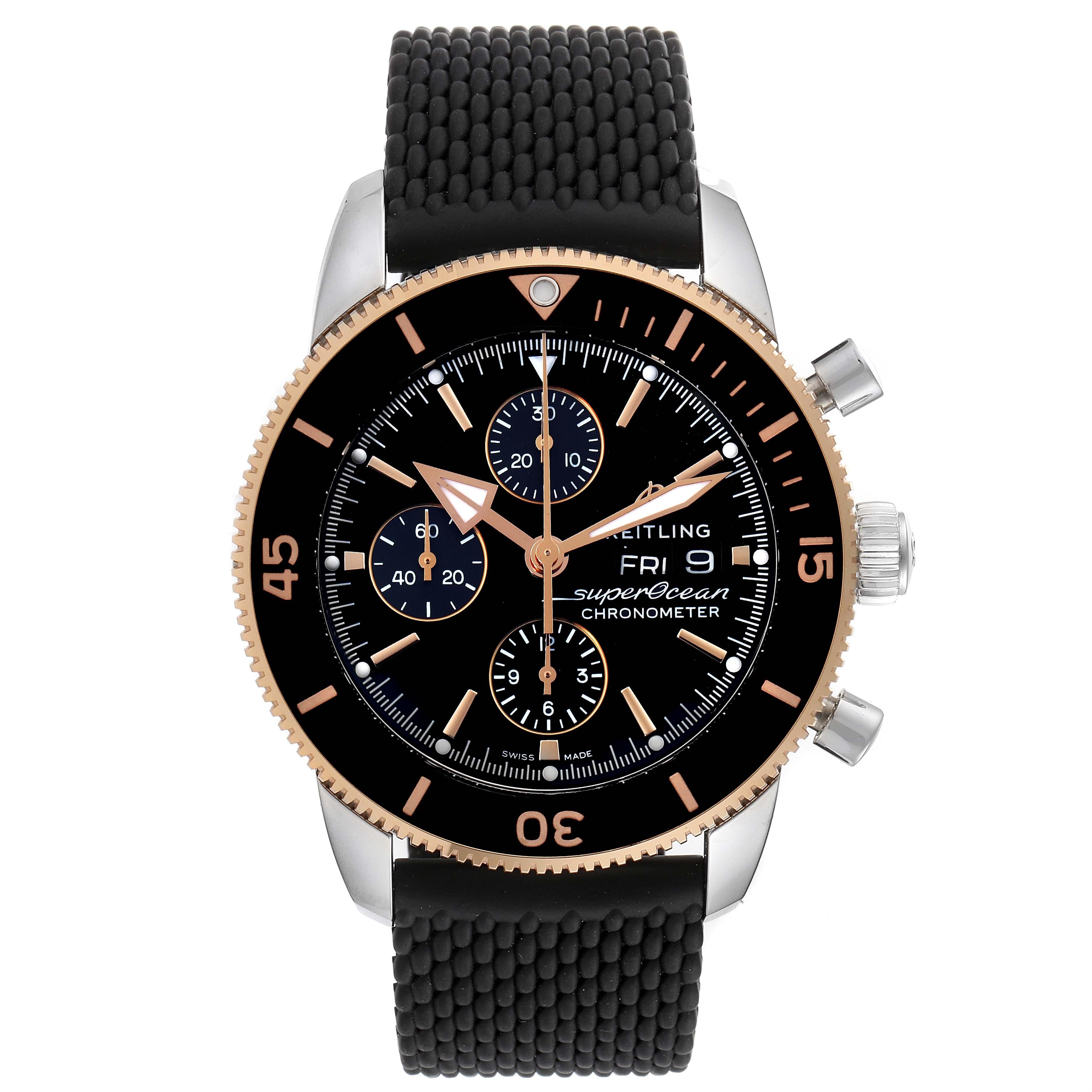 Breitling Superocean Heritage II Steel Rose Gold Watch U13313 Box Card. Authomatic self-winding chronograph movement. Stainless steel case 44.0 mm in diameter. 18K rose gold and black ceramic revolving bezel. Scratch resistant sapphire crystal.