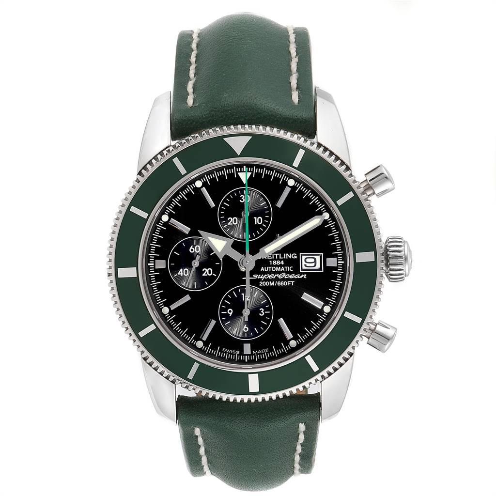 Breitling SuperOcean Heritage Limited Edition Green Bezel Watch A13320. Automatic self-winding chronograph movement. Stainless steel case 46.0 mm in diameter. Screwed-down crown. Lapidated lugs. Green unidirectional revolving bezel. Scratch