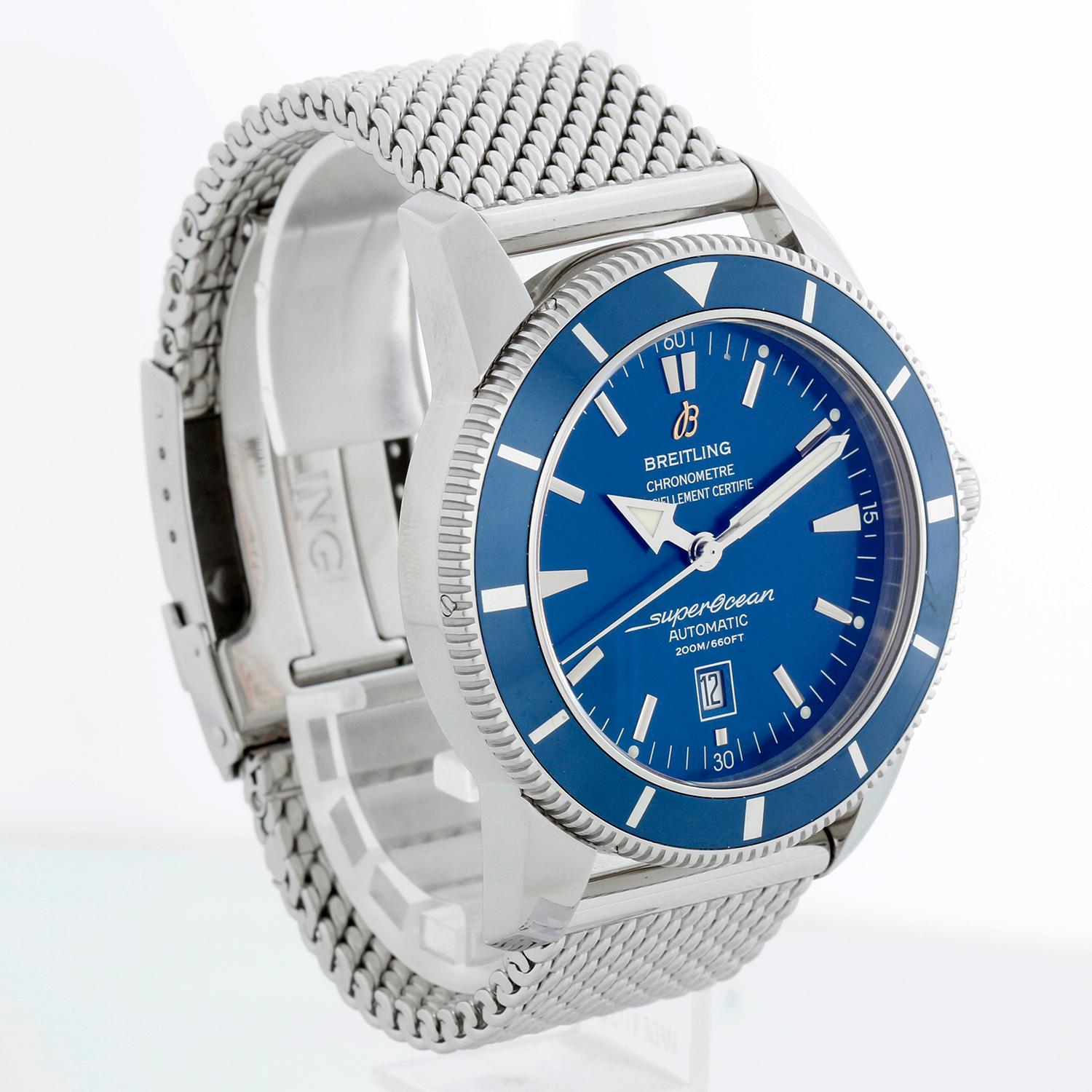 Breitling Superocean Heritage Stainless Steel Men's Watch Ref. 46 a17320 - Automatic winding. Superocean Heritage 46. Stainless steel case with rotating bezel with blue insert (46mm diameter). Blue dial with stick markers; date at 6 o'clock