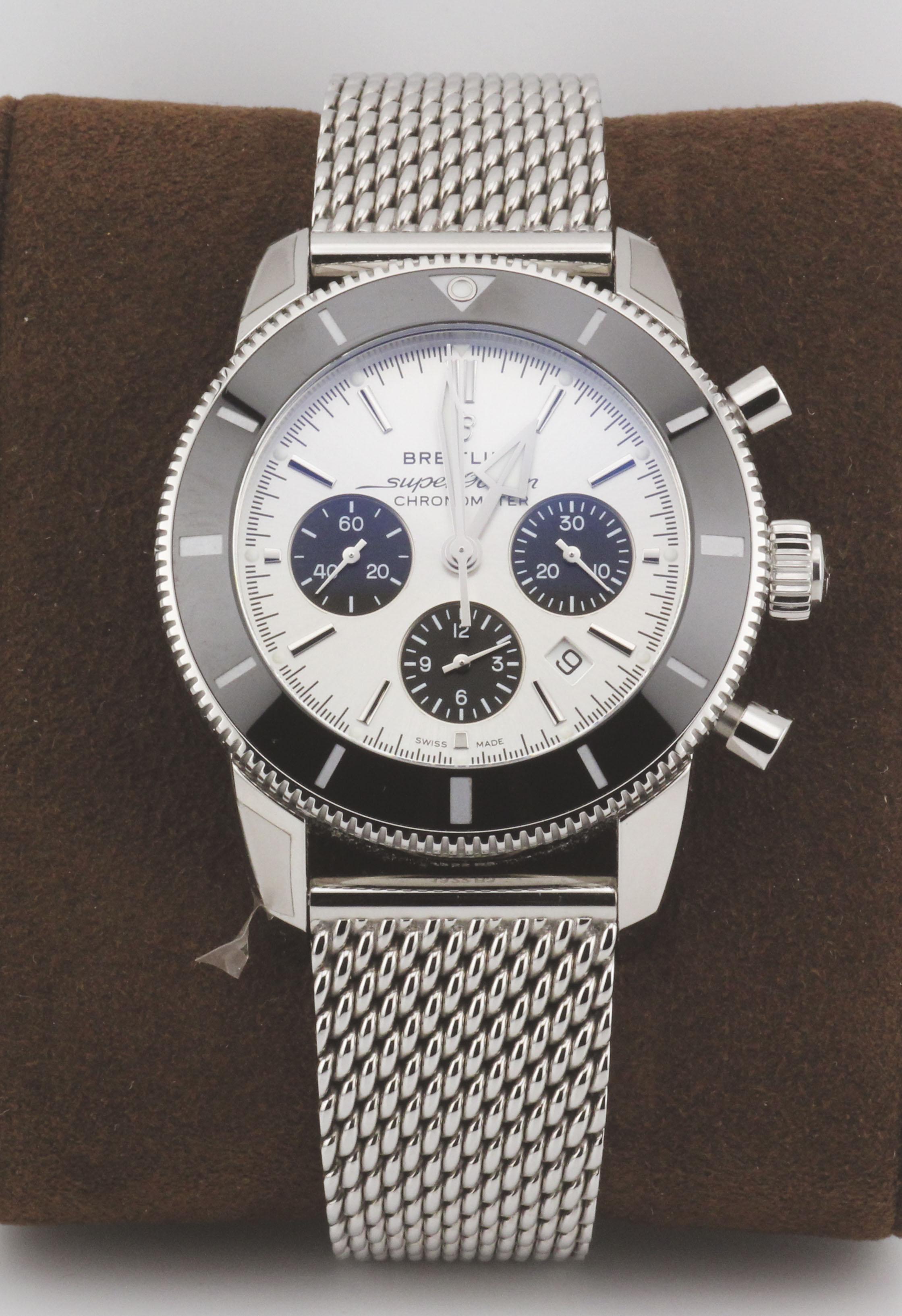The Breitling Superocean Chronometer is a striking example of modern watchmaking precision. Measuring 44mm in diameter, its robust stainless steel case is paired with a sophisticated mesh bracelet, offering a bold yet refined presence on the wrist.