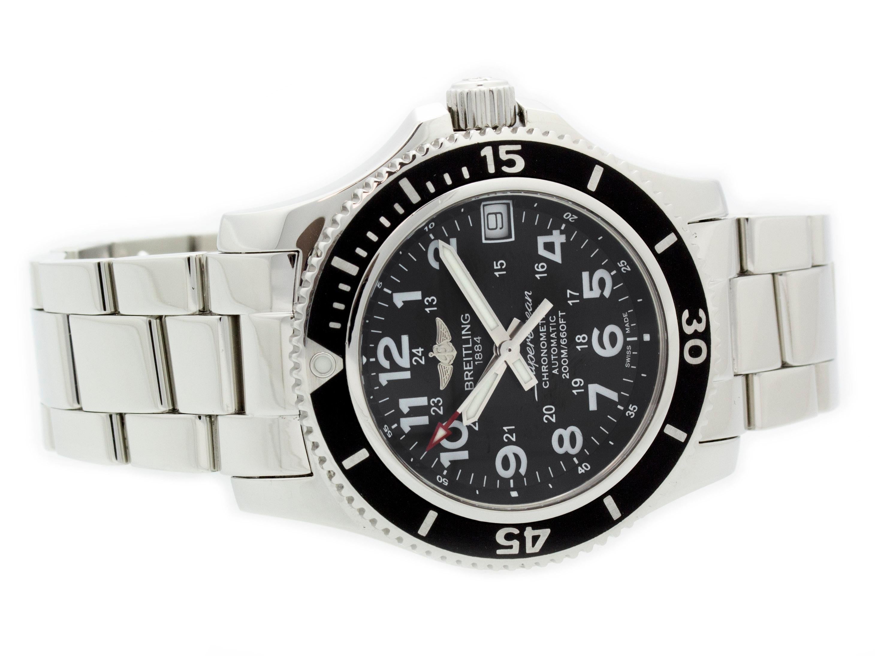 Stainless steel Breitling Superocean II automatic watch with a 36mm case, black dial, and Pro III bracelet with folding buckle. Features include hours, minutes, seconds, and date. Comes with Deluxe Gift Box and 2 Year Store Warranty.​
