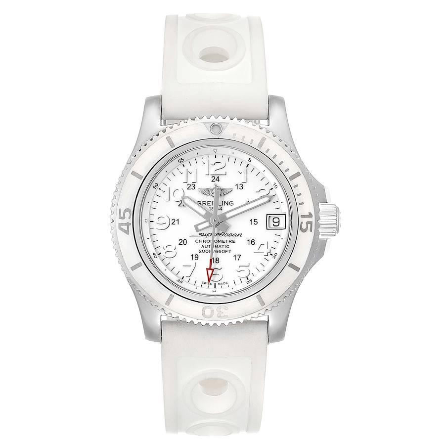 Breitling Superocean II 36 Hurricane White Dial Ladies Watch A17312. Automatic self-winding movement. Stainless steel case 36.0 mm in diameter. Stainless steel screwed-down crown. Fluted white rubber unidirectional revolving bezel. Scratch resistant