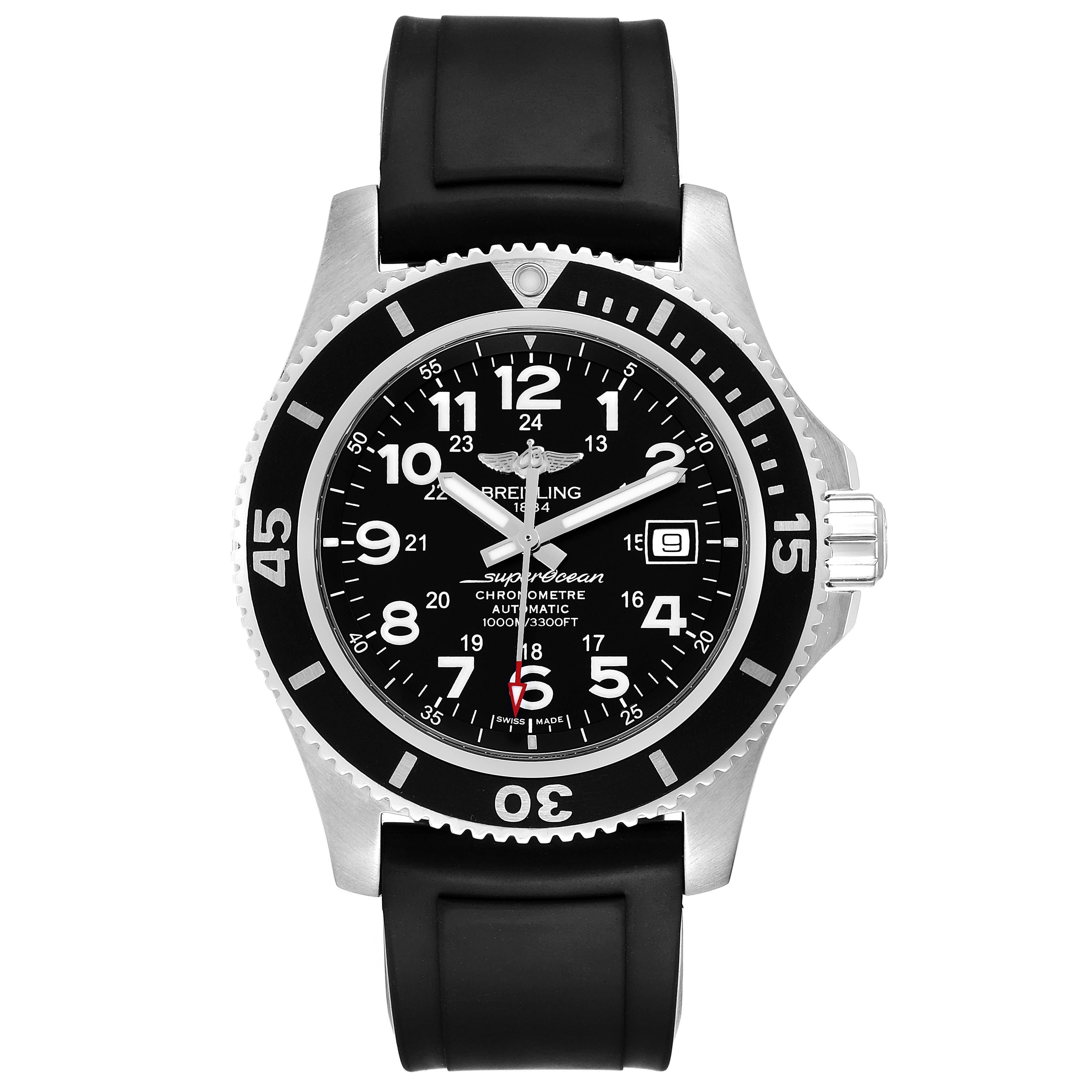 Breitling Superocean II 44 Black Dial Rubber Strap Mens Watch A17392. Authomatic self-winding movement. Stainless steel case 44.0 mm in diameter. Case thickness: 14.2 mm. Black stainless steel unidirectional revolving bezel. 0-60 elapsed-time.