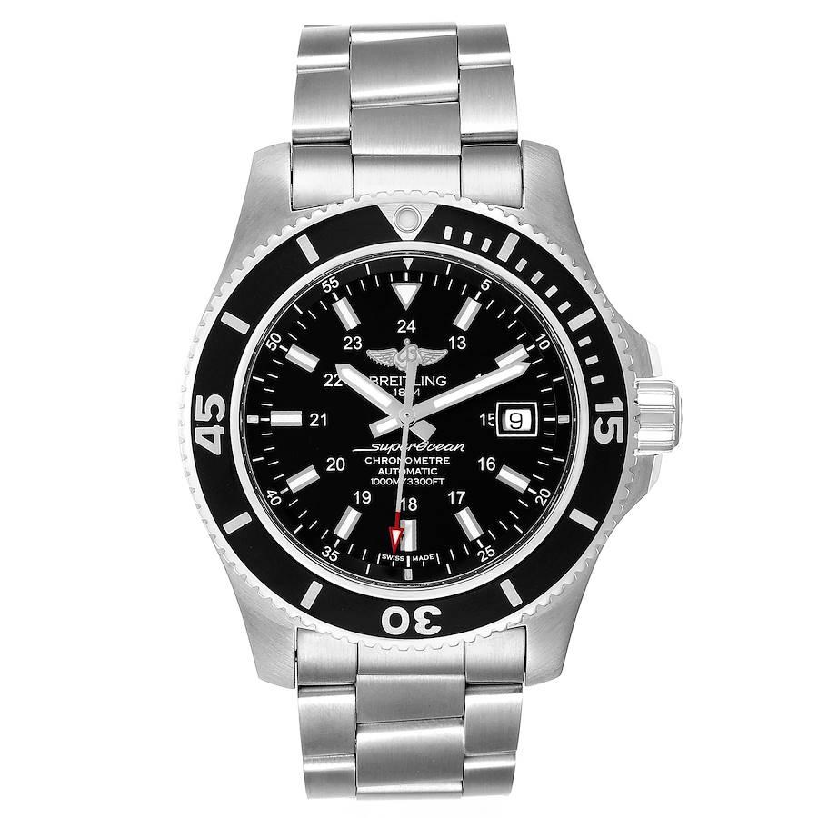 Breitling Superocean II 44 Black Dial Steel Mens Watch A17392 Box Papers. Authomatic self-winding movement. Stainless steel case 44.0 mm in diameter. Case thickness: 14.2 mm. Black stainless steel unidirectional revolving bezel. 0-60 elapsed-time.