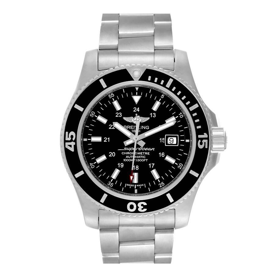 Breitling Superocean II 44 Black Dial Steel Mens Watch A17392 Box Papers. Automatic self-winding movement. Stainless steel case 44.0 mm in diameter. Case thickness: 14.2 mm. Black stainless steel unidirectional rotating bezel. 0-60 elapsed-time.