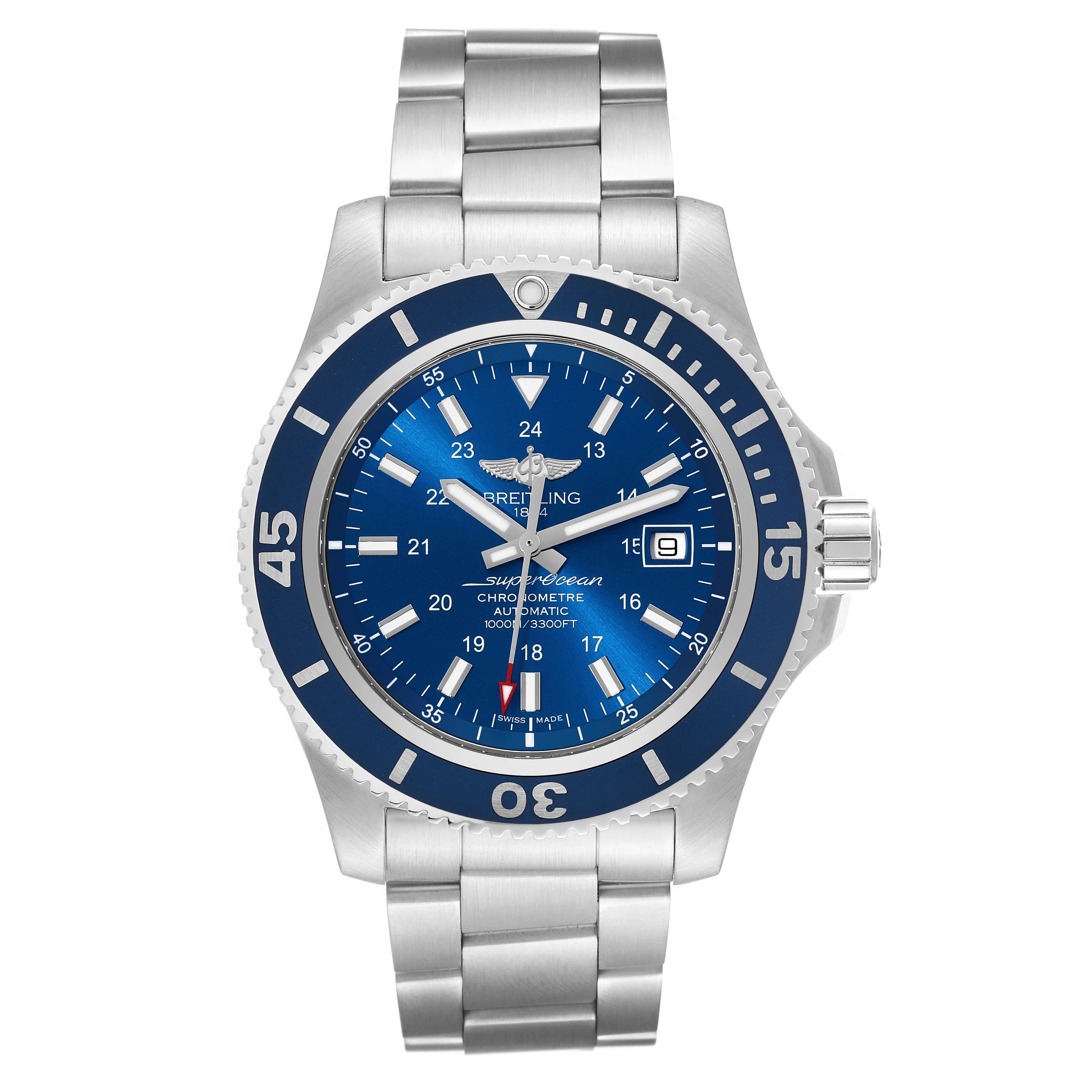 Breitling Superocean II 44 Blue Dial Steel Mens Watch A17392 Box Card. Automatic self-winding movement. Stainless steel case 44.0 mm in diameter. Case thickness: 14.2 mm. Blue stainless steel unidirectional revolving bezel. 0-60 elapsed-time.