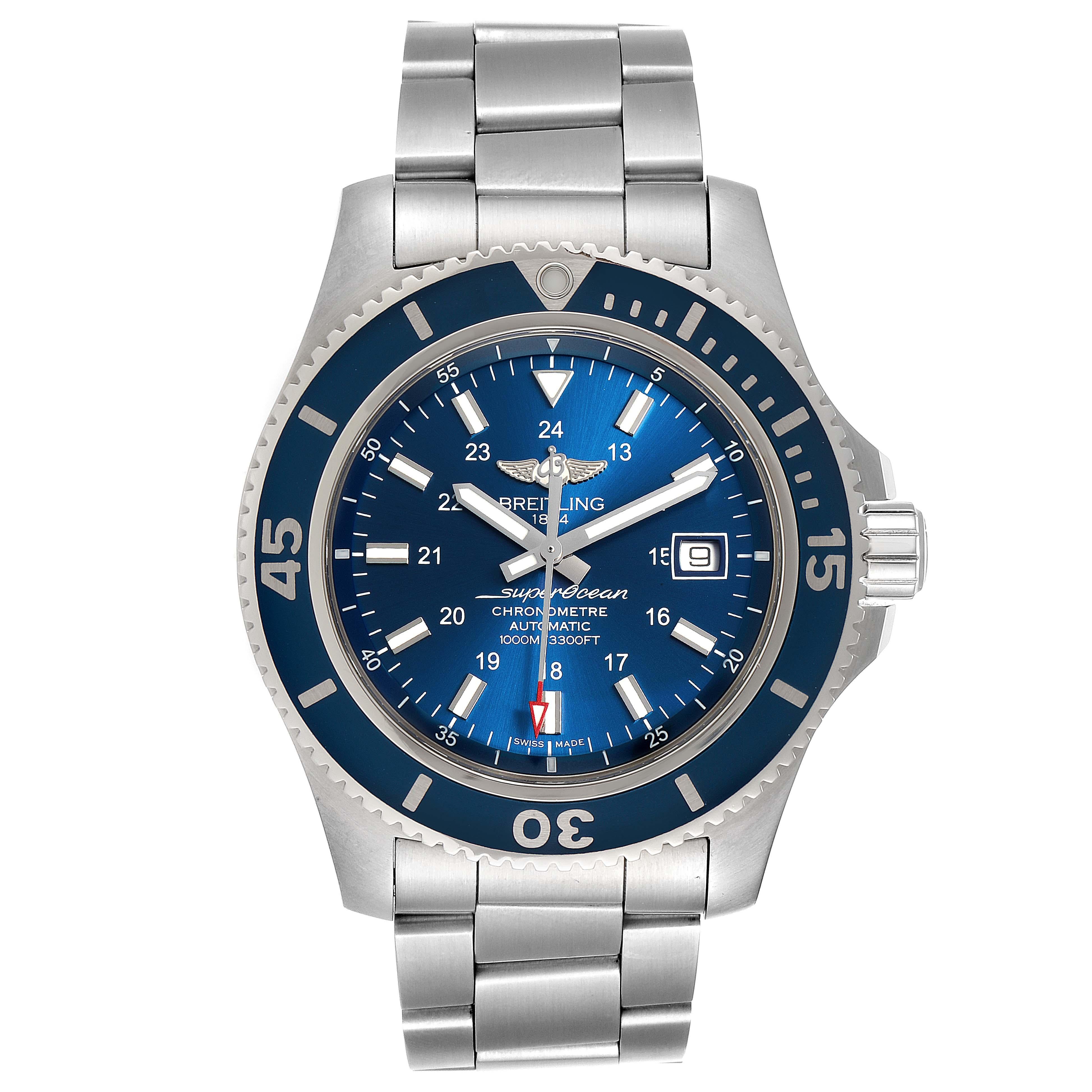 Breitling Superocean II 44 Gun Blue Dial Mens Watch A17392 Box Card. Authomatic self-winding movement. Stainless steel case 44.0 mm in diameter. Case thickness: 14.2 mm. Blue stainless steel unidirectional revolving bezel. 0-60 elapsed-time. Scratch