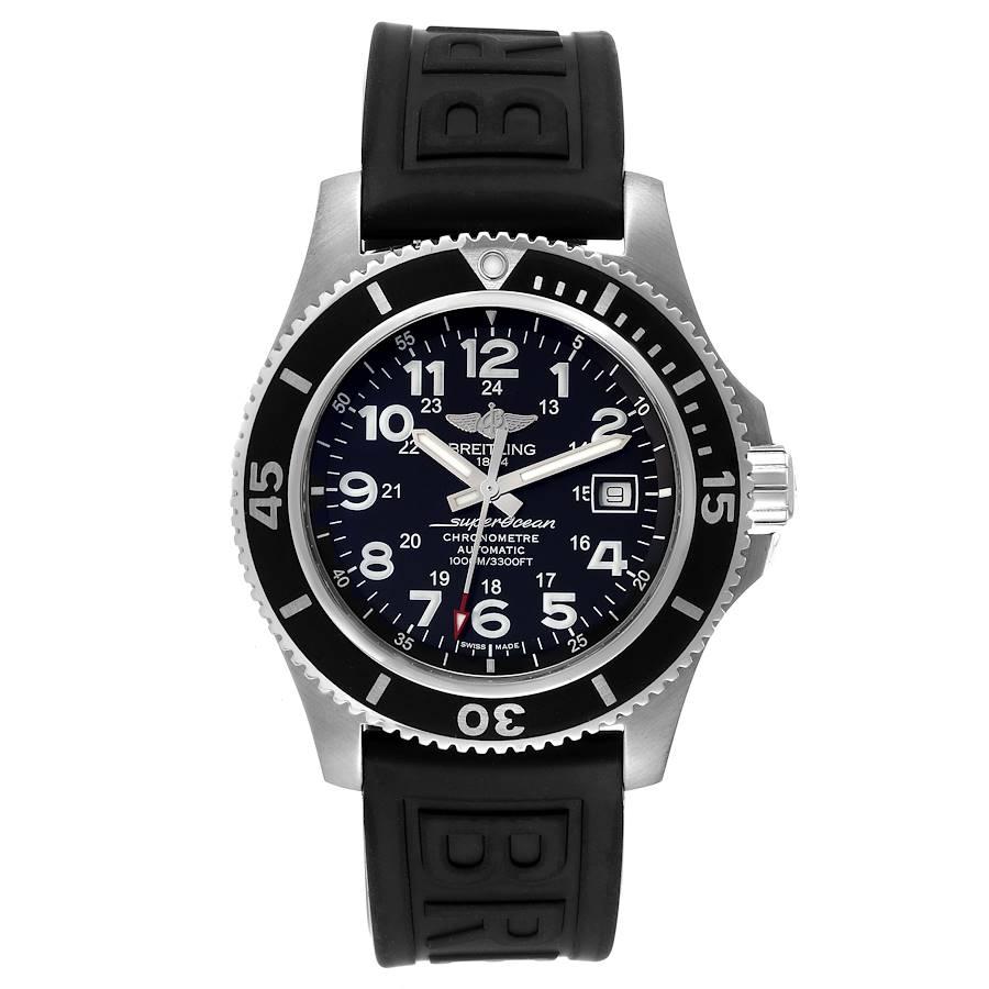 Breitling Superocean II 44mm Black Dial Steel Mens Watch A17392 Box Papers. Automatic self-winding movement. Stainless steel case 44.0 mm in diameter. Case thickness: 14.2 mm. Black stainless steel unidirectional rotating bezel with rubberized