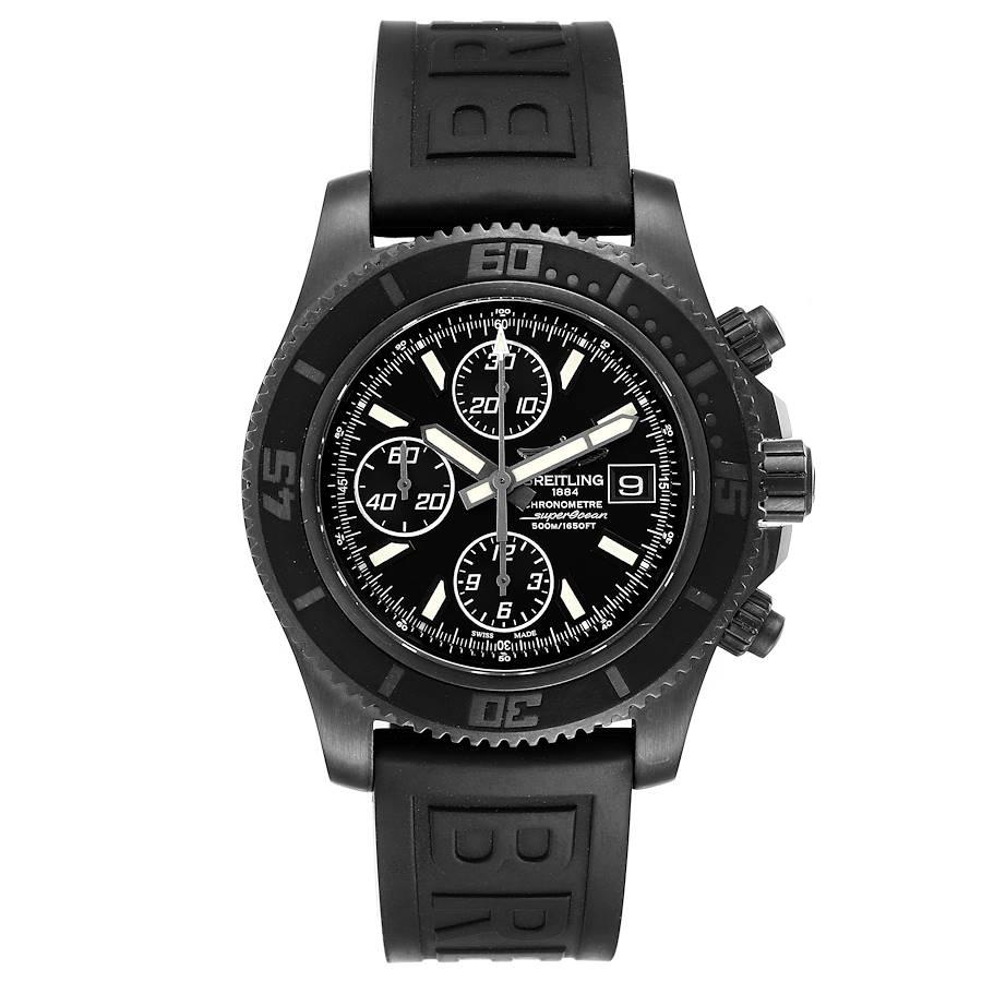 Breitling SuperOcean II Black Dial PVD Steel Mens Watch M13341 Box Papers. Automatic self-winding chronograph movement. Black PVD stainless steel case 44.0 mm in diameter. Black unidirectional revolving bezel with black ion-plated top ring. Scratch