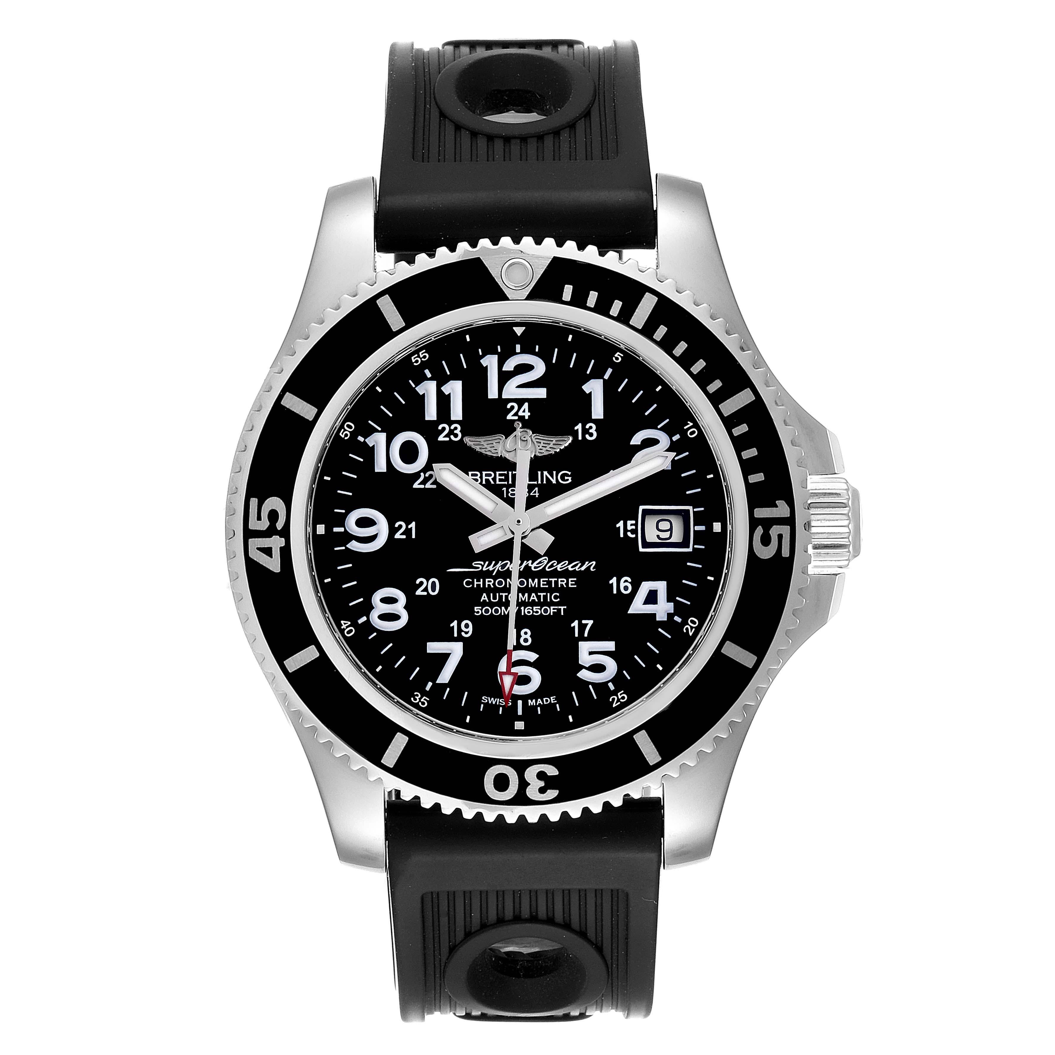 Breitling Superocean II Black Dial Steel Mens Watch A17365 Box Card. Authomatic self-winding movement. Stainless steel case 42 mm in diameter. Stainless steel screwed-down crown and pushers. Black unidirectional revolving bezel. 0-60 elapsed-time.