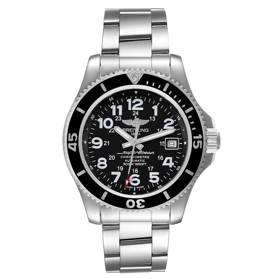 Breitling Superocean II Black Dial Steel Mens Watch A17365 Box Card. Automatic self-winding movement. Stainless steel case 42 mm in diameter. Stainless steel screwed-down crown and pushers. Black unidirectional revolving bezel. 0-60 elapsed-time.