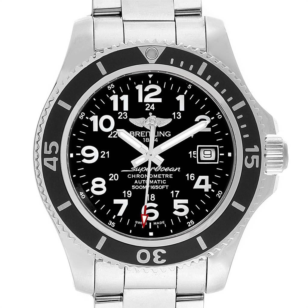 Breitling Superocean II Black Dial Steel Mens Watch A17365 Box Papers. Authomatic self-winding movement. Stainless steel case 42 mm in diameter. Stainless steel screwed-down crown and pushers. Black unidirectional revolving bezel. 0-60 elapsed-time.