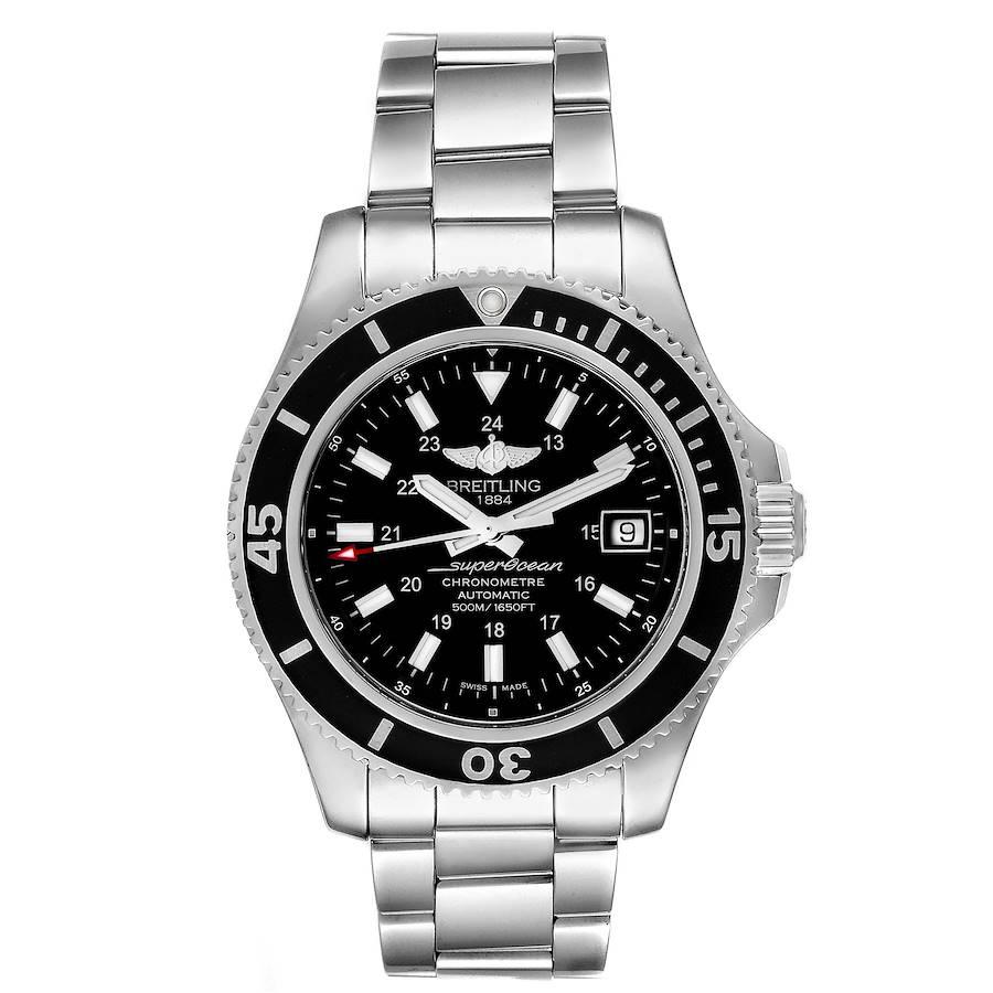 Breitling Superocean II Black Dial Steel Mens Watch A17365 Box Papers. Automatic self-winding movement. Stainless steel case 42 mm in diameter. Stainless steel screwed-down crown and pushers. Black unidirectional revolving bezel. 0-60 elapsed-time.