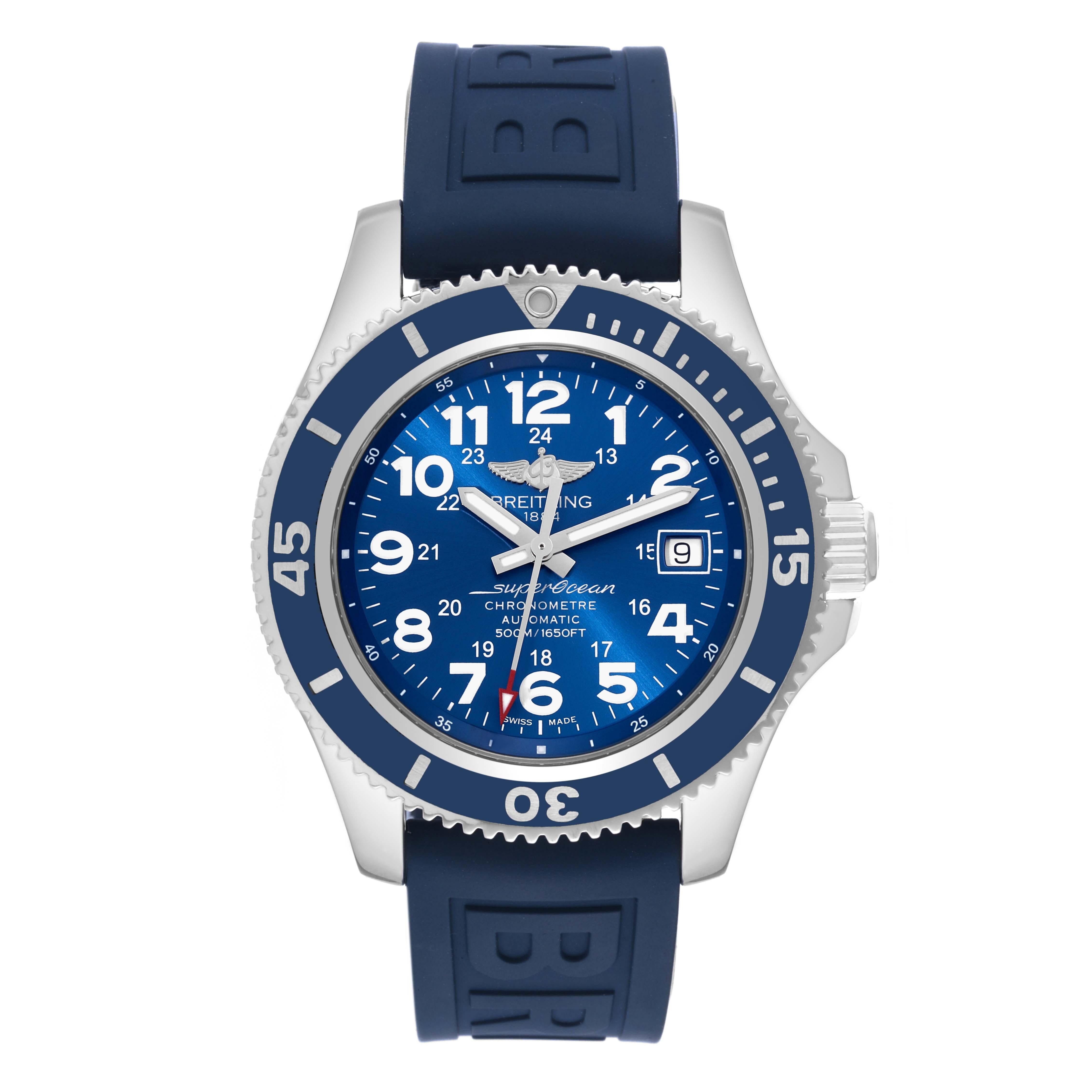 Breitling Superocean II Blue Dial Steel Mens Watch A17365 Box Card. Automatic self-winding movement. Stainless steel case 42 mm in diameter. Stainless steel screwed-down crown. Blue unidirectional rotating bezel. 0-60 elapsed-time. Scratch resistant