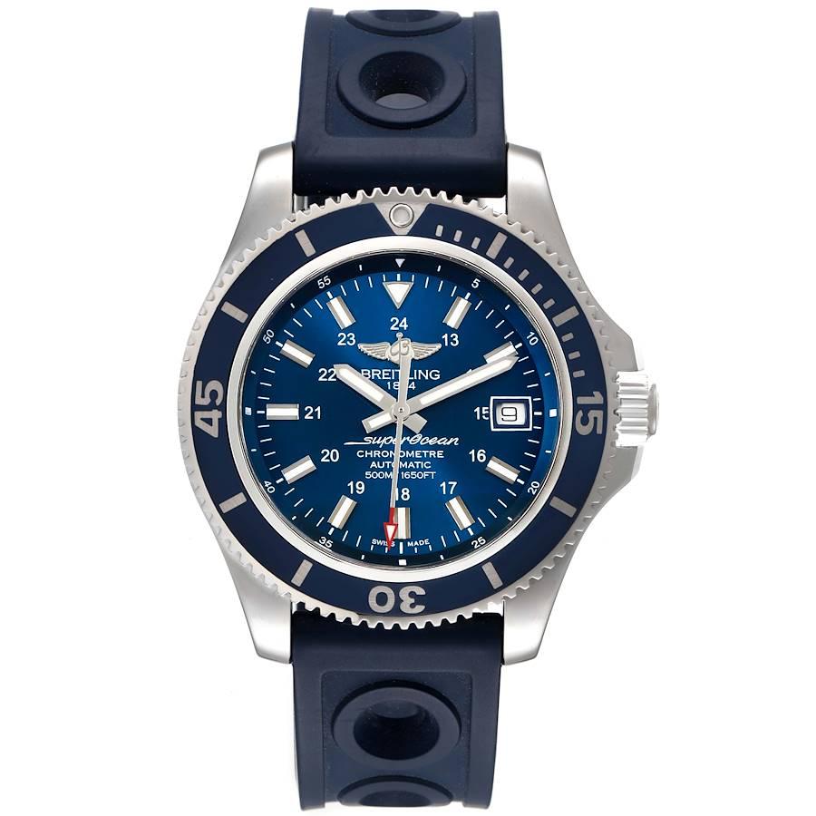 Breitling Superocean II Blue Dial Steel Mens Watch A17365 Box Papers. Authomatic self-winding movement. Stainless steel case 42 mm in diameter. Stainless steel screwed-down crown and pushers. Blue unidirectional revolving bezel. 0-60 elapsed-time.